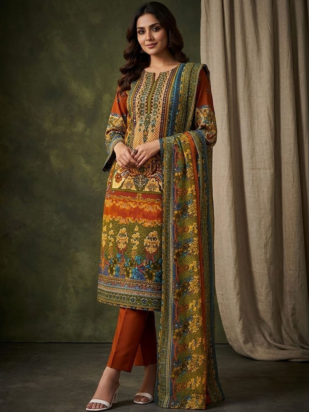 Sangria Printed Round Neck Kurta & Trousers With Dupatta