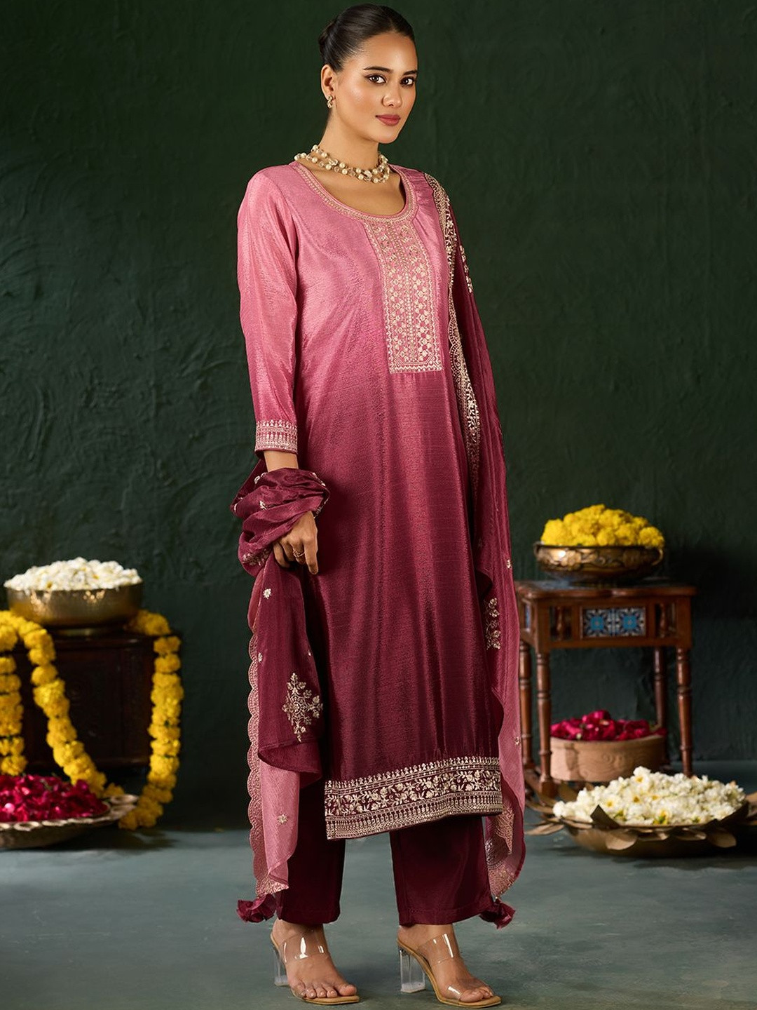 Anouk Ethnic Motifs Embroidered Regular Thread Work Kurta with Palazzos & With Dupatta