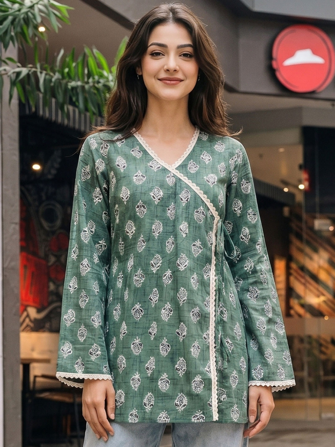 Anouk Ethnic Motifs Printed V-Neck Angrakha Kurti