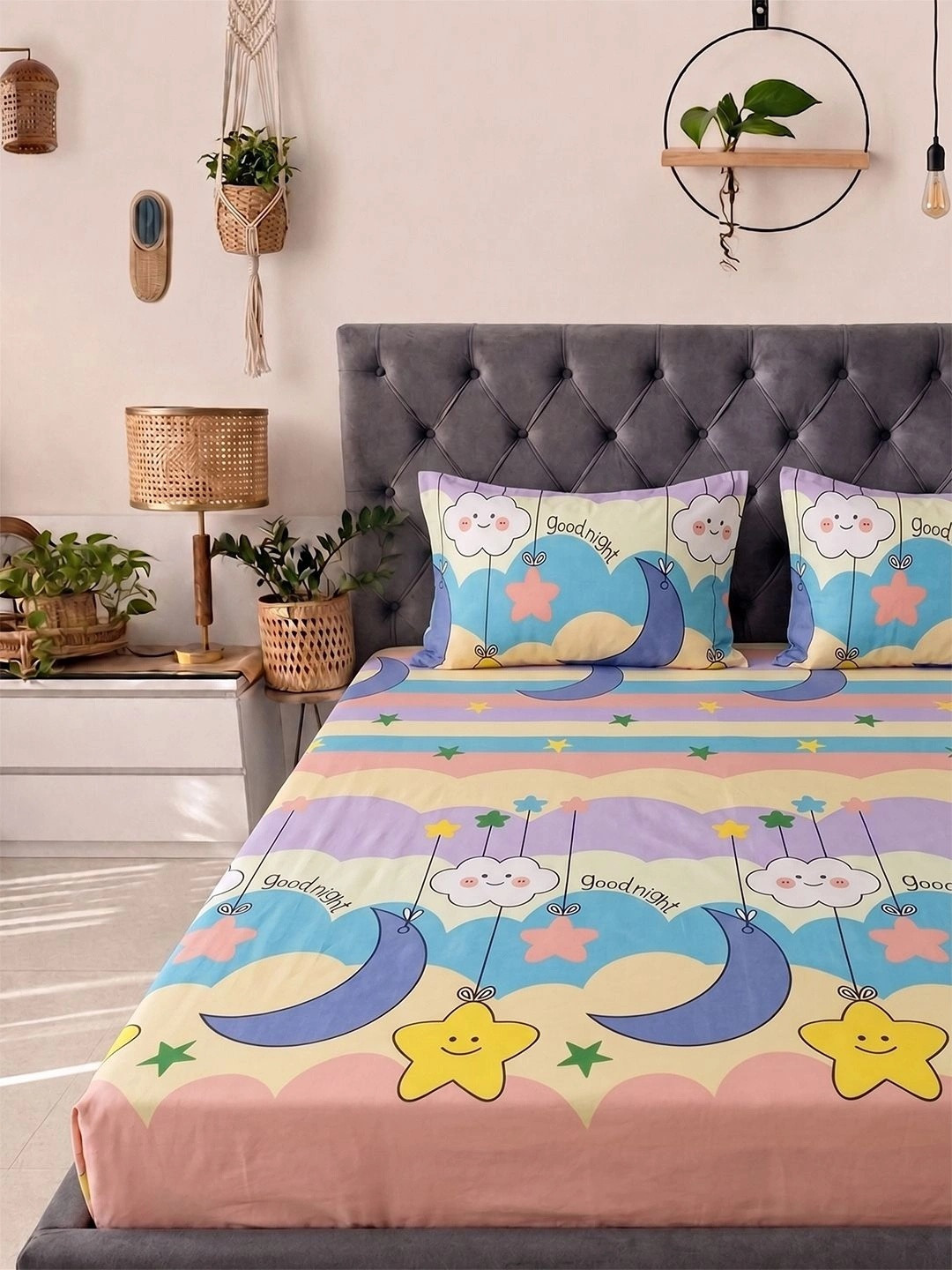 Myntra Elegant Homes Beige & Multicoloured Graphic 300 TC King Bedsheet with 2 Pillow Covers