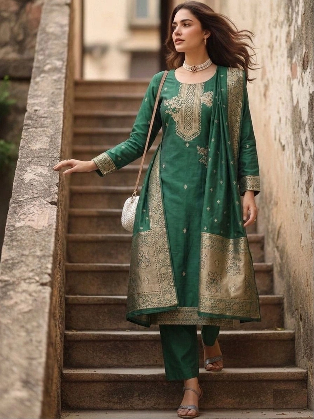 SHU-GORA Women Ethnic Motifs Embroidered Regular Kurta with Trousers & With Dupatta