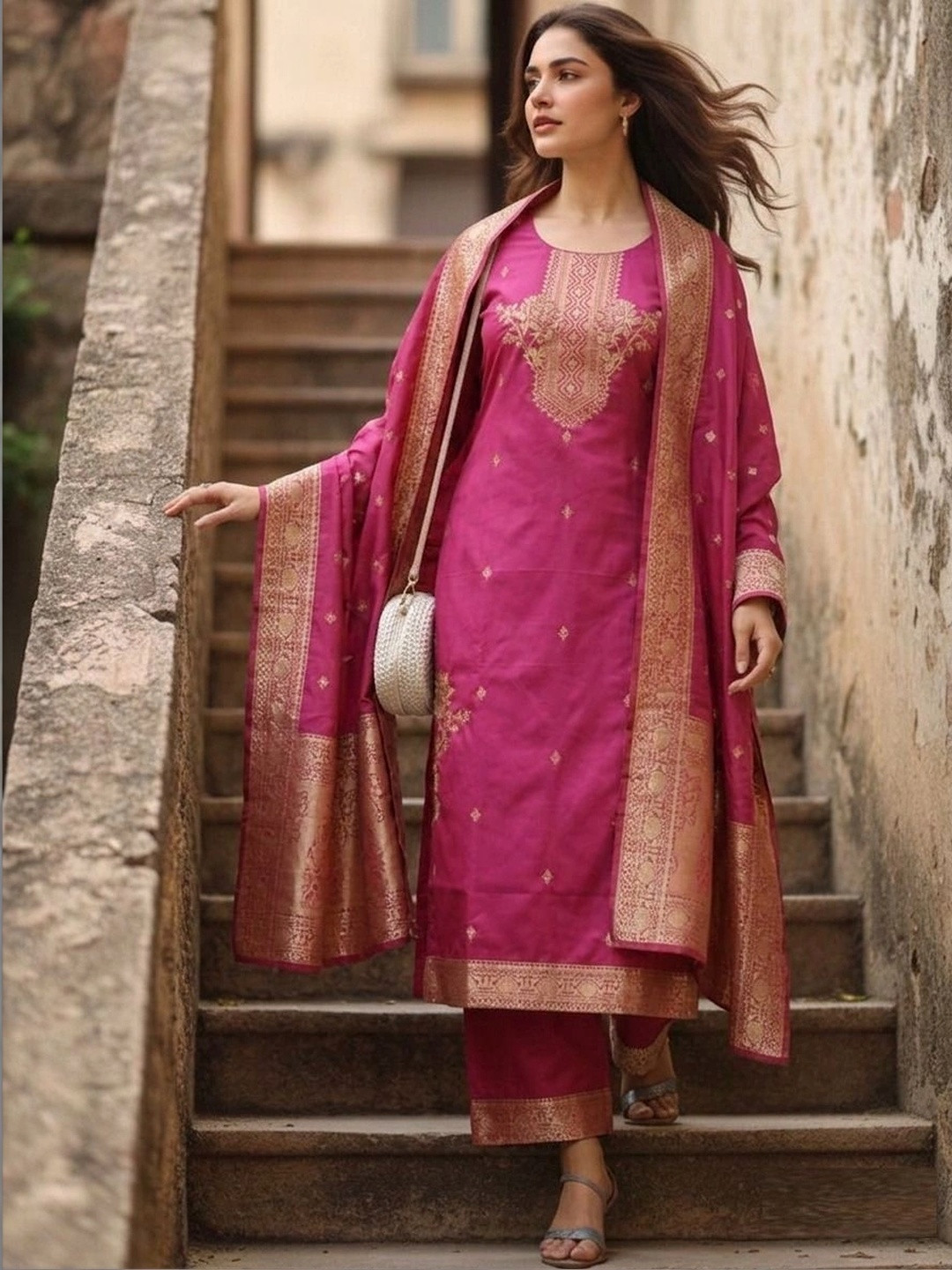 SHU-GORA Women Ethnic Motifs Embroidered Regular Kurta with Trousers & With Dupatta
