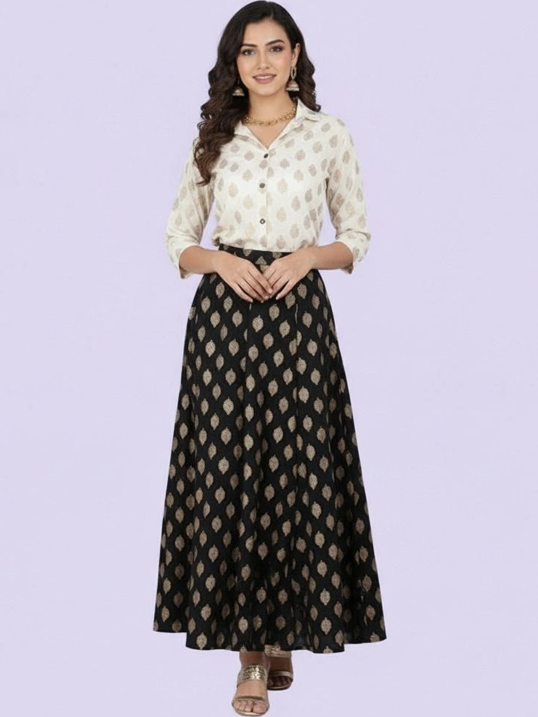 TRUNESS Women Printed Shirt with Skirt