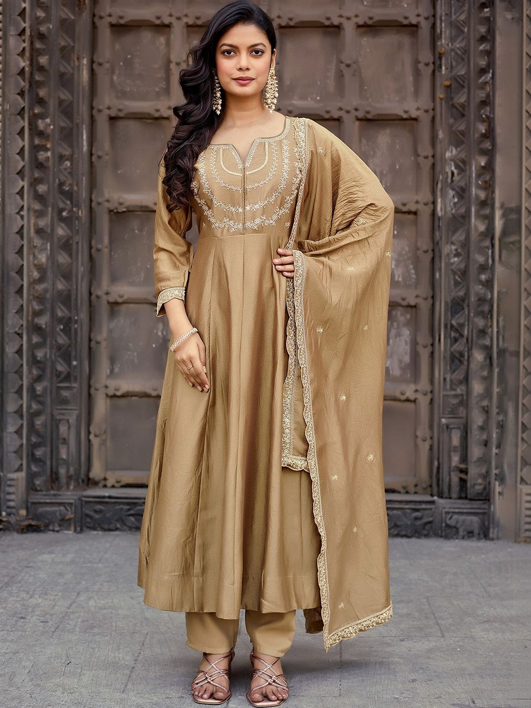 Anouk Women Ethnic Motifs Embroidered Tiered Thread Work Kurta with Palazzos & With Dupatta