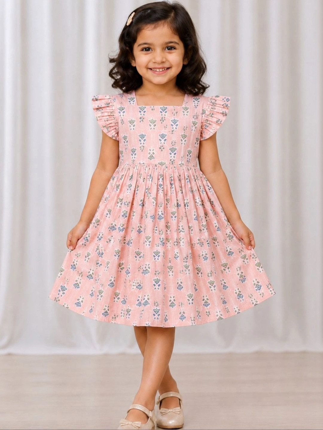 KALINI Ethnic Motifs Print Puff Sleeve Ruffled A-Line Dress