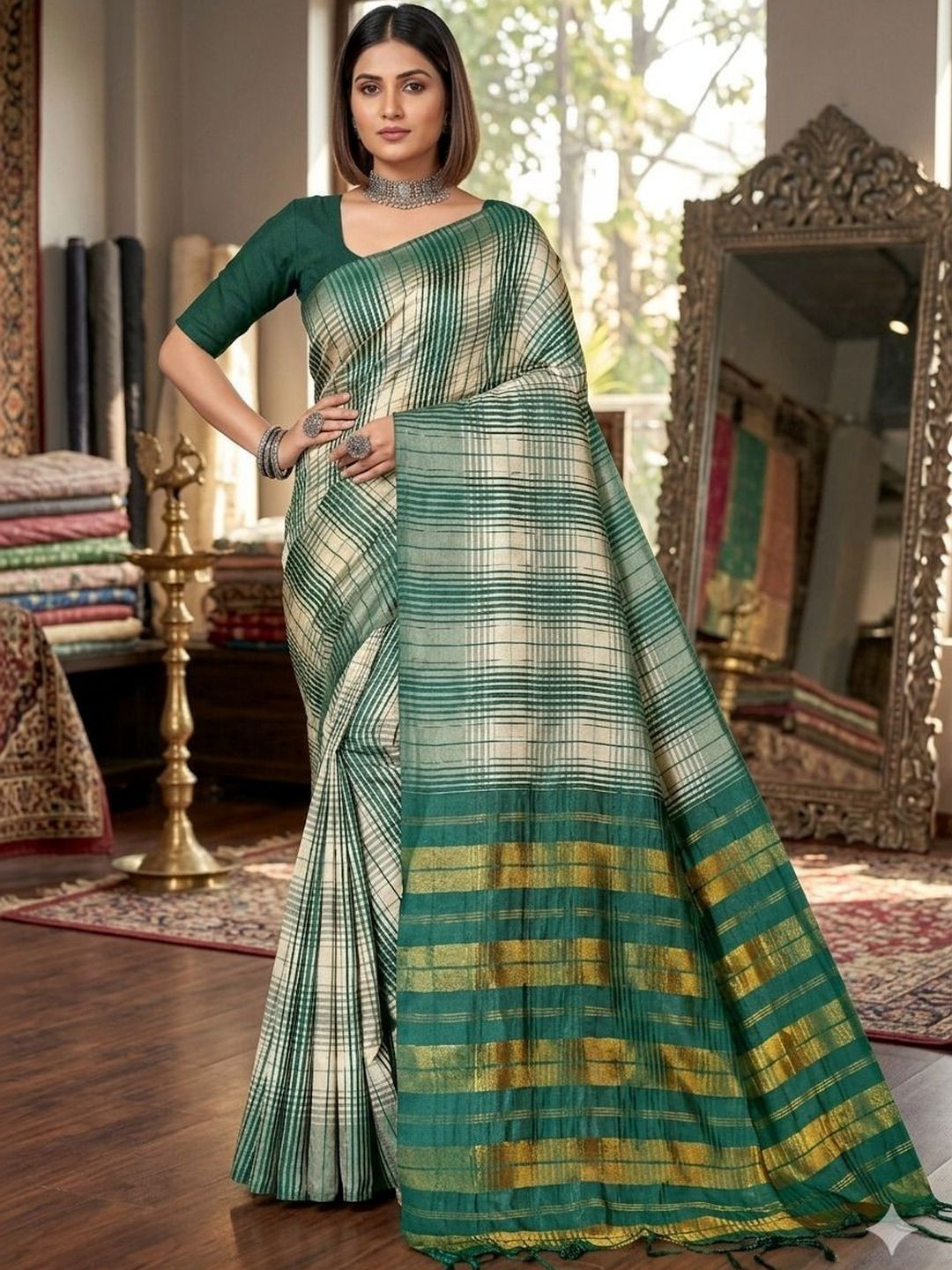 MENFLUENT Checked Silk Cotton Handloom Uppada Saree