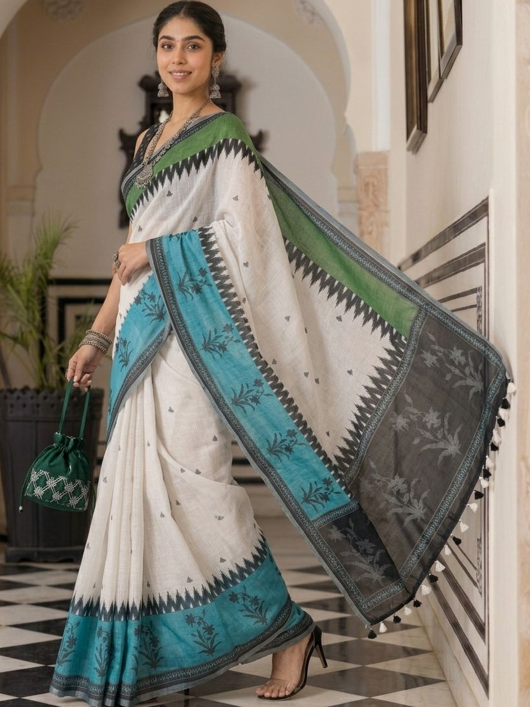 Anouk Ethnic Motifs Pure Linen Handloom Block Print Saree