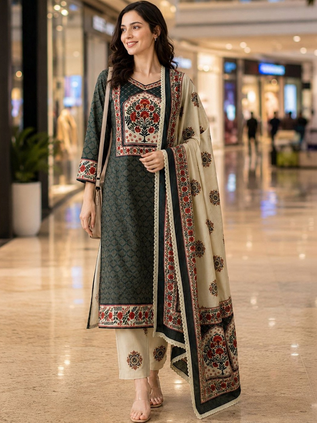 Anouk Green Dobby Weave Pure Cotton Kurta Set with Printed Trousers & Lace Border Dupatta