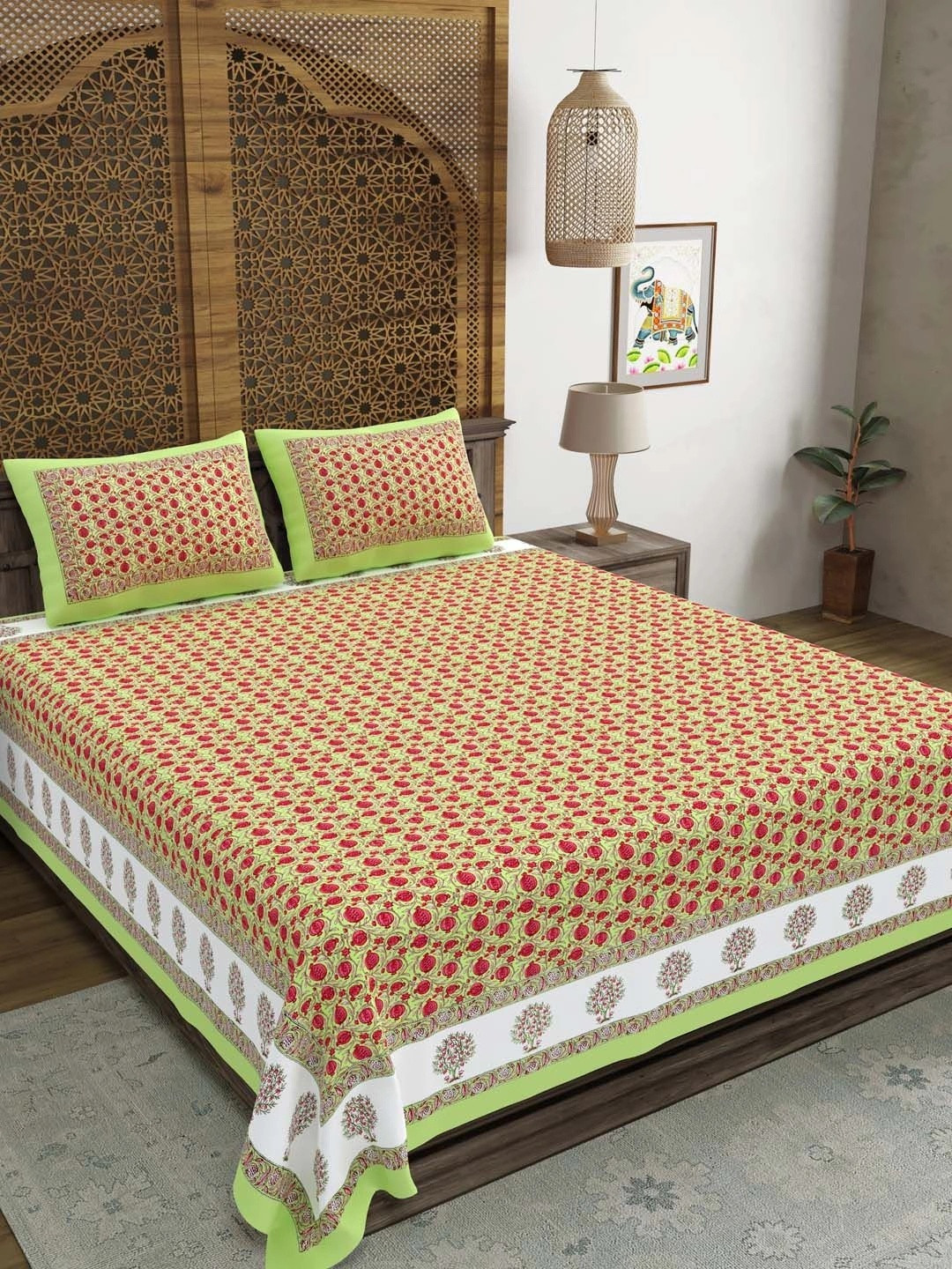 BLOCKS OF INDIA Pink & Green Ethnic Motifs 210 TC King Bedsheet with 2 Pillow Covers