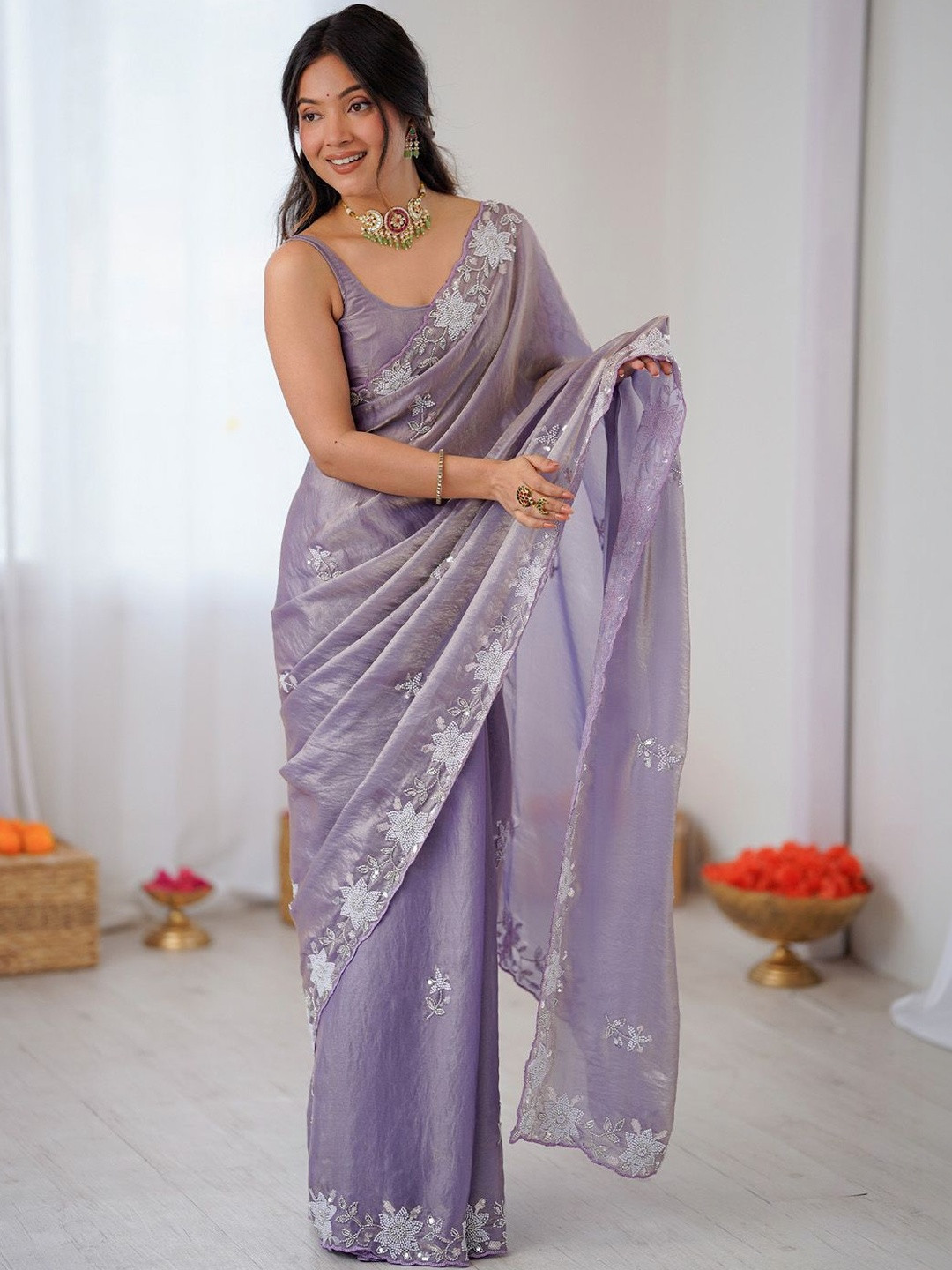 Anouk Floral Embroidered Satin Saree