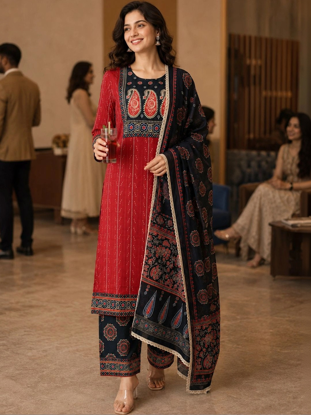 Anouk Women's Red & Black Dobby Woven Pure Cotton Straight Kurta Set with Printed Dupatta