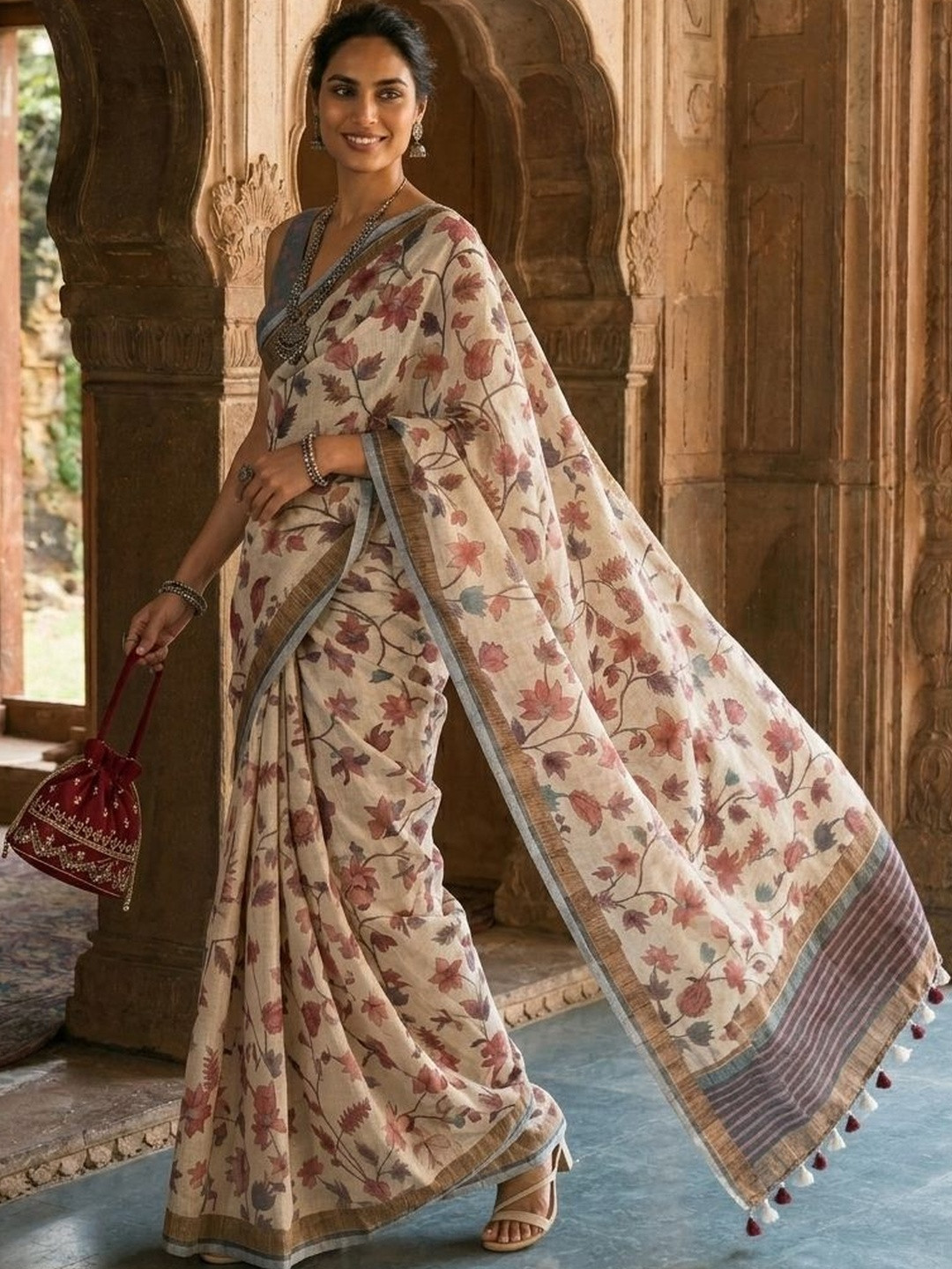 Anouk Floral Pure Linen Handloom Block Print Saree