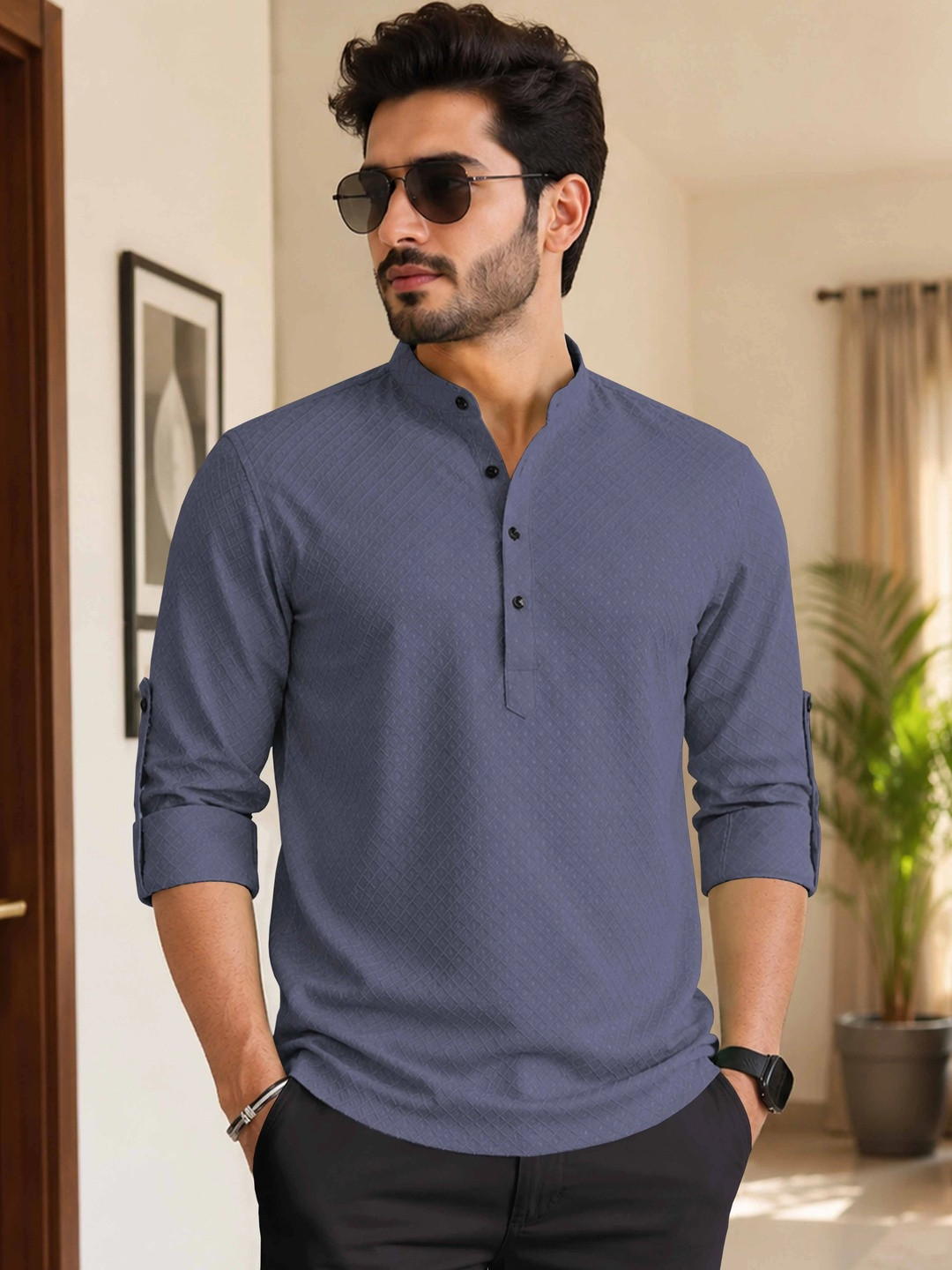 VeBNoR Men Printed Thread Work Dobby Kurta