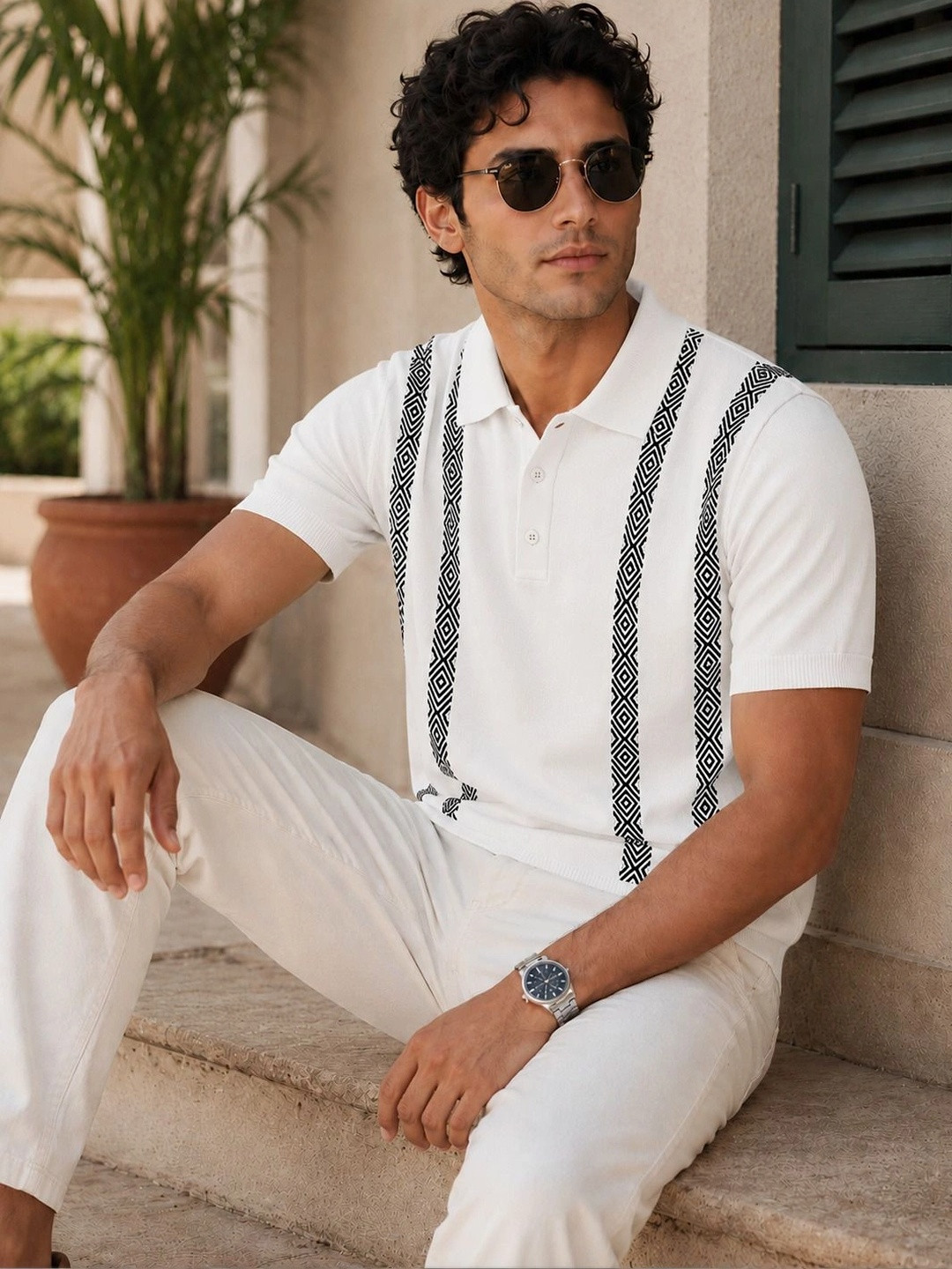 Raimbera Geometric Self Design Polo Collar Cotton T-Shirt