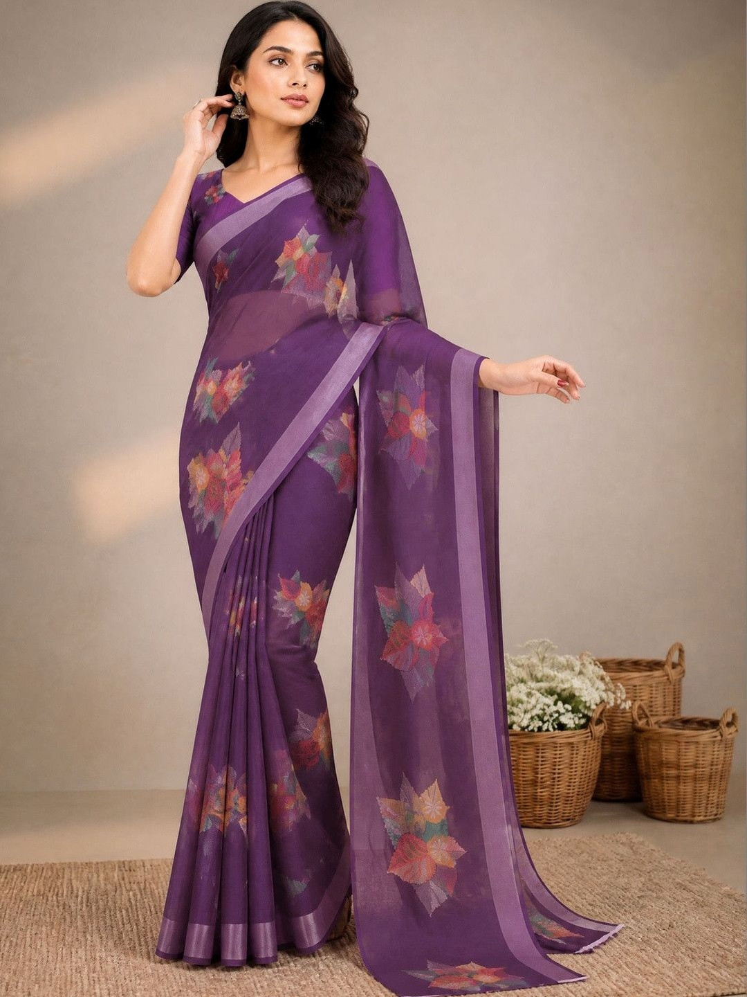 Anouk Women Floral Printed Pure Linen Saree