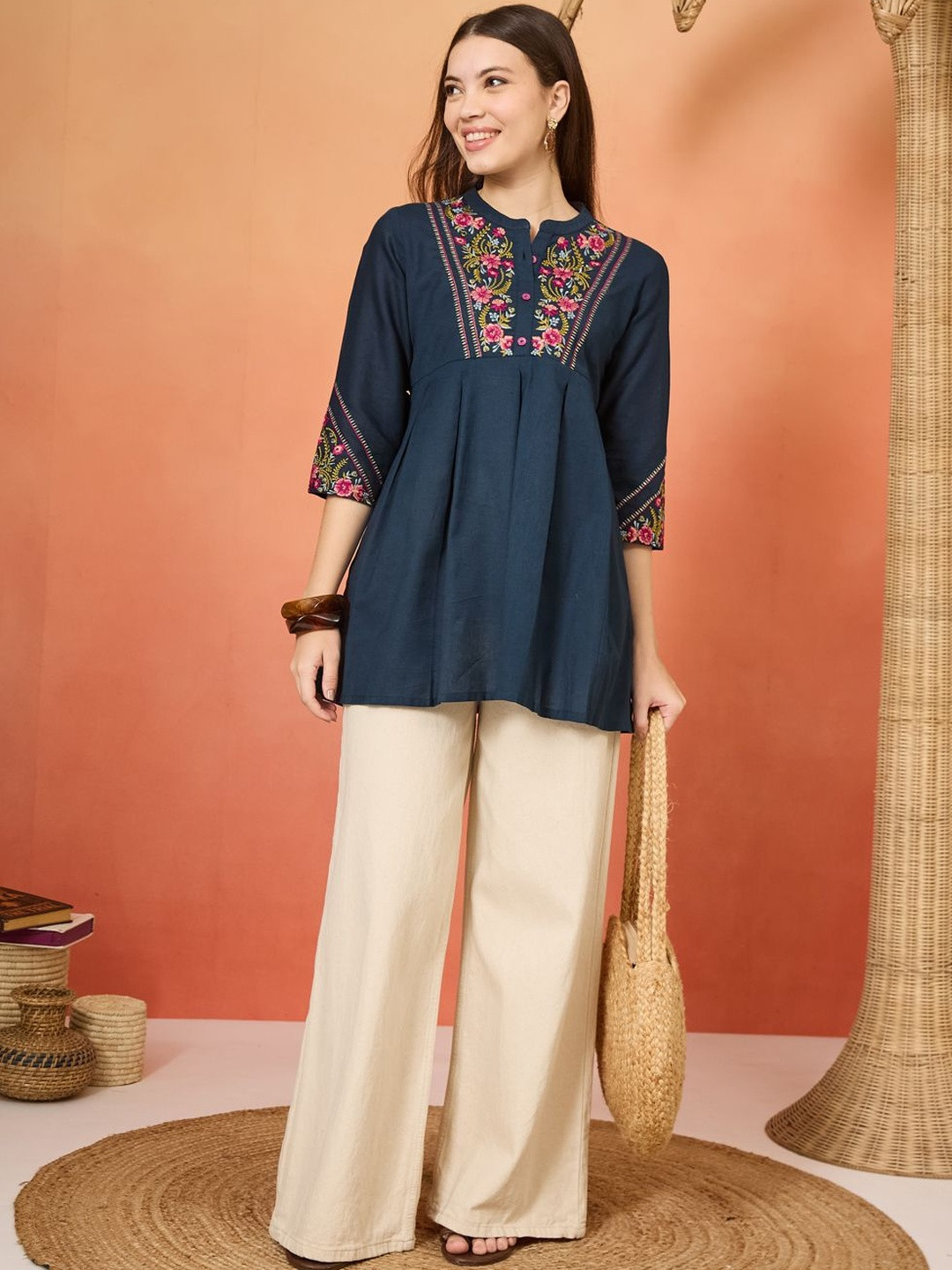 Anouk Floral Embroidered Thread Work Pure Cotton Thread Work Panelled Kurti
