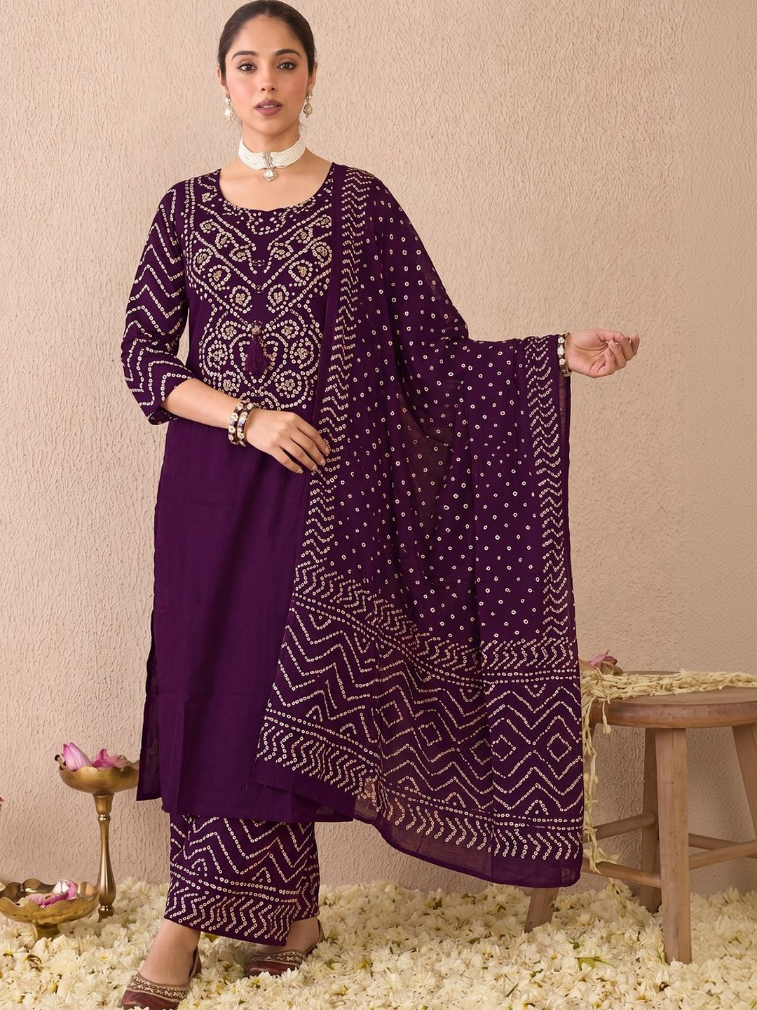 Anouk Ethnic Motifs Printed Round Neck Pure Cotton Kurta with Palazzos & Dupatta
