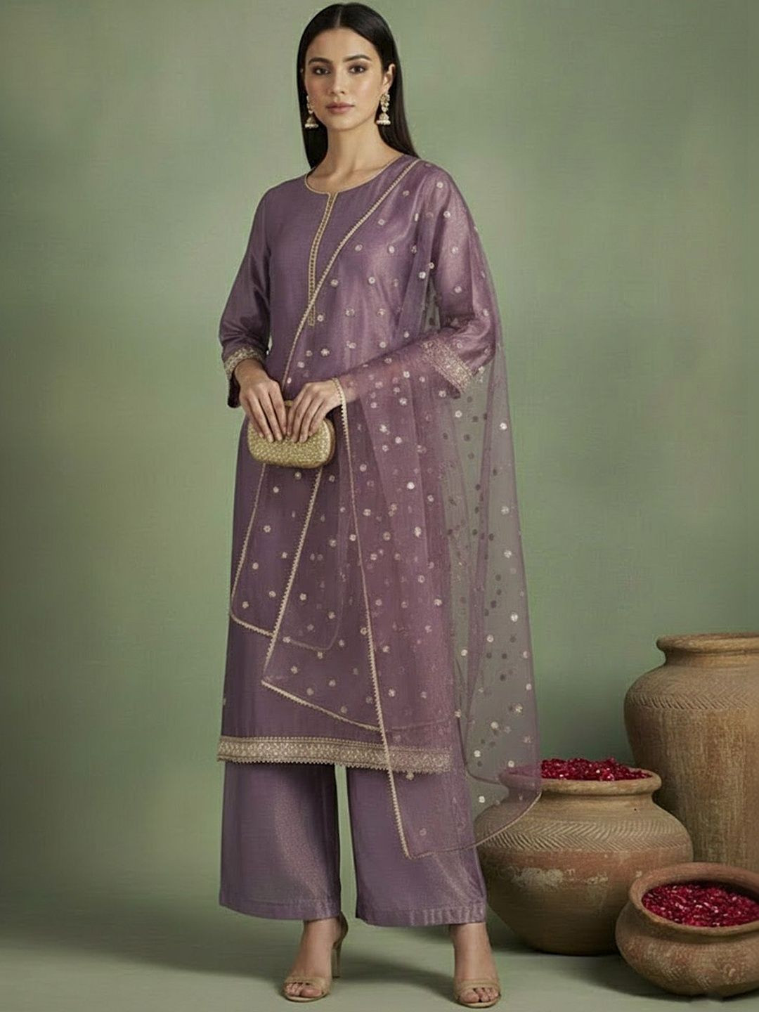 Sangria Embroidered Round-Neck Kurta Trousers & Dupatta