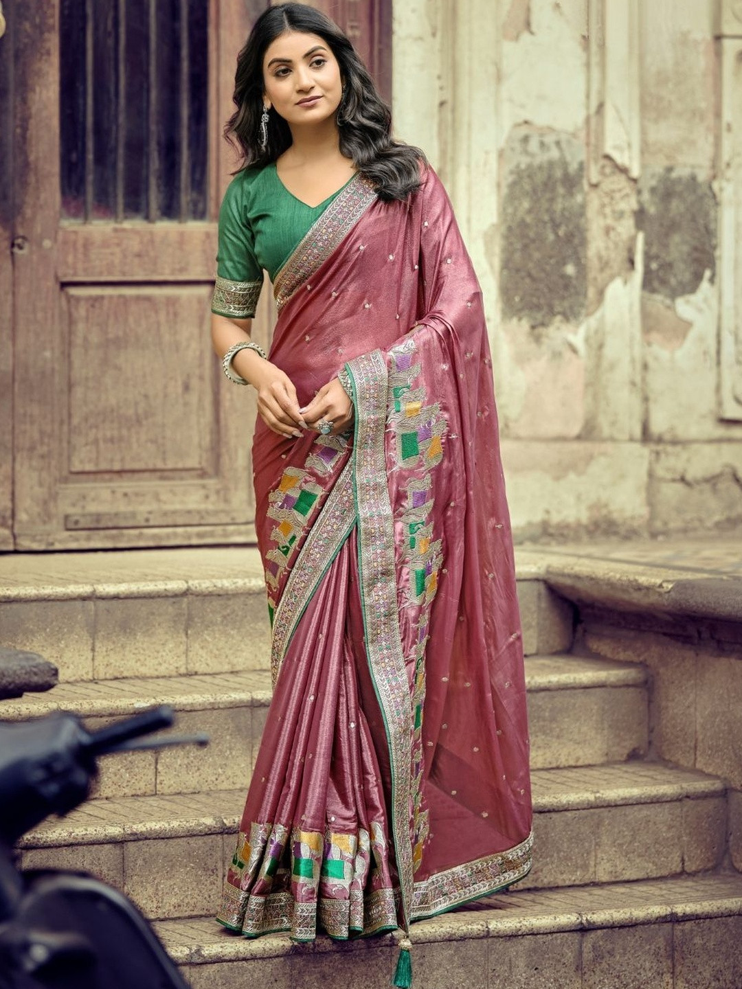 Anouk Ethnic Motifs Embroidered Silk Blend Heavy Work Saree