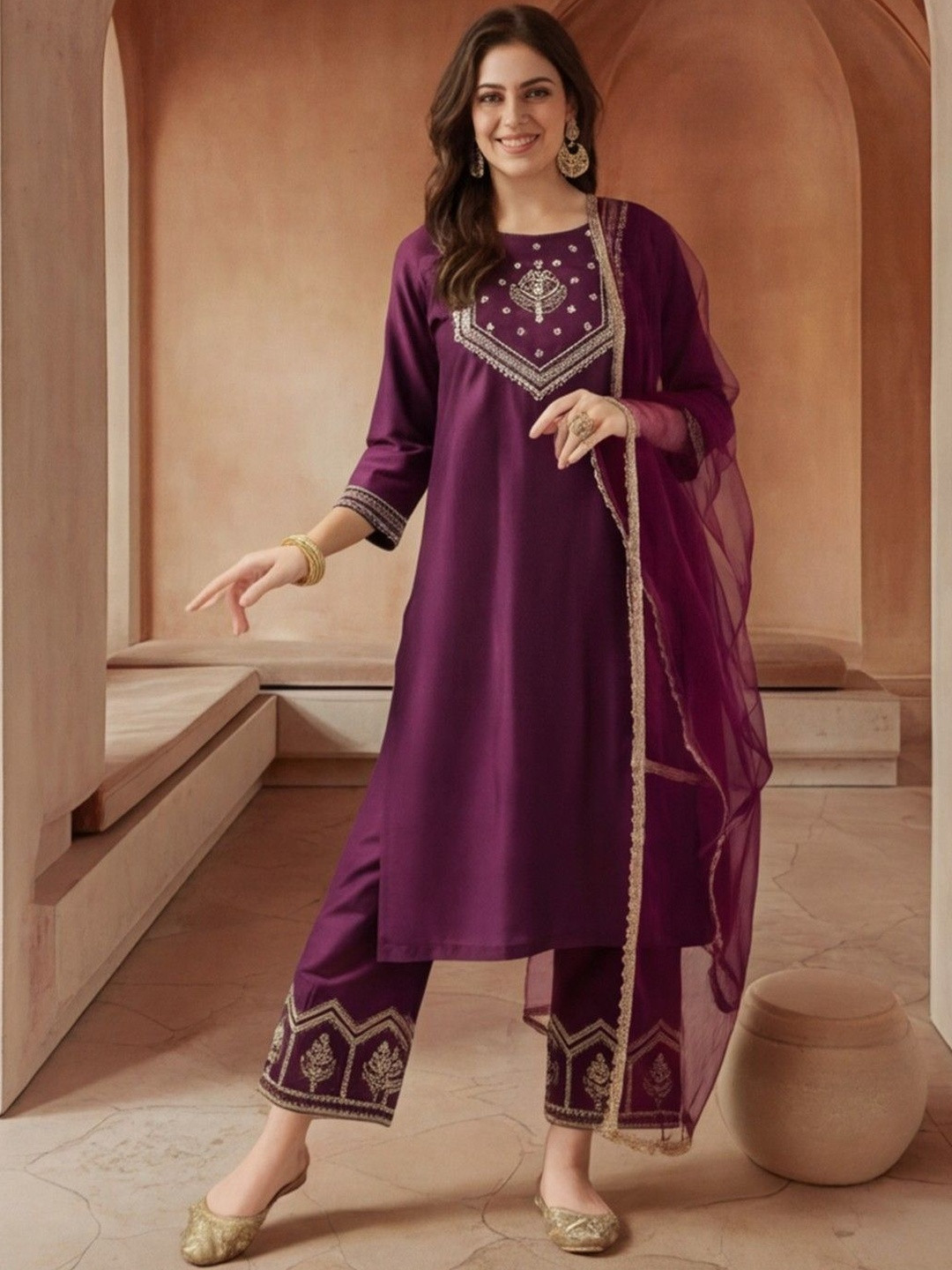 Anouk Women Ethnic Motifs Embroidered Regular Thread Work Kurta with Trousers & With Dupatta