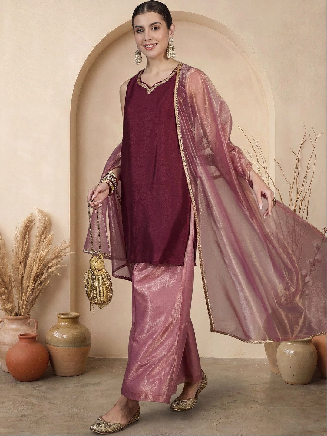 FABIAN FASHION Sweetheart Neck Straight Kurta With Sharara & Dupatta
