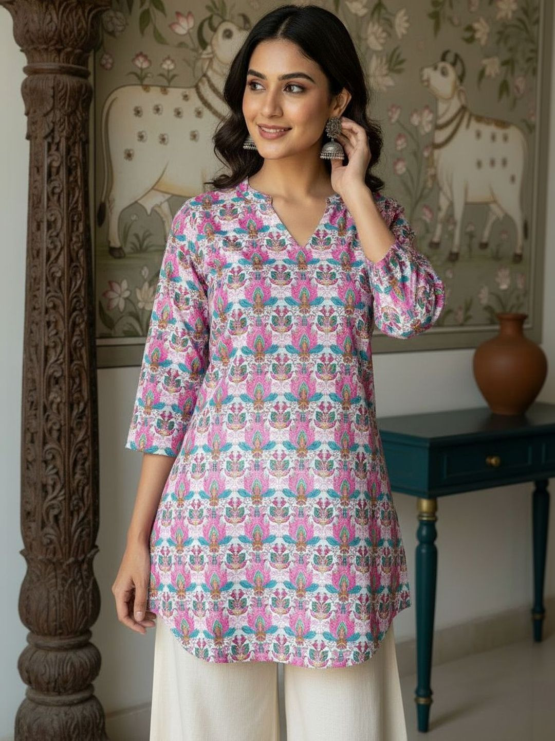 Anouk Floral Printed V-Neck Pure Cotton Blend Kurti