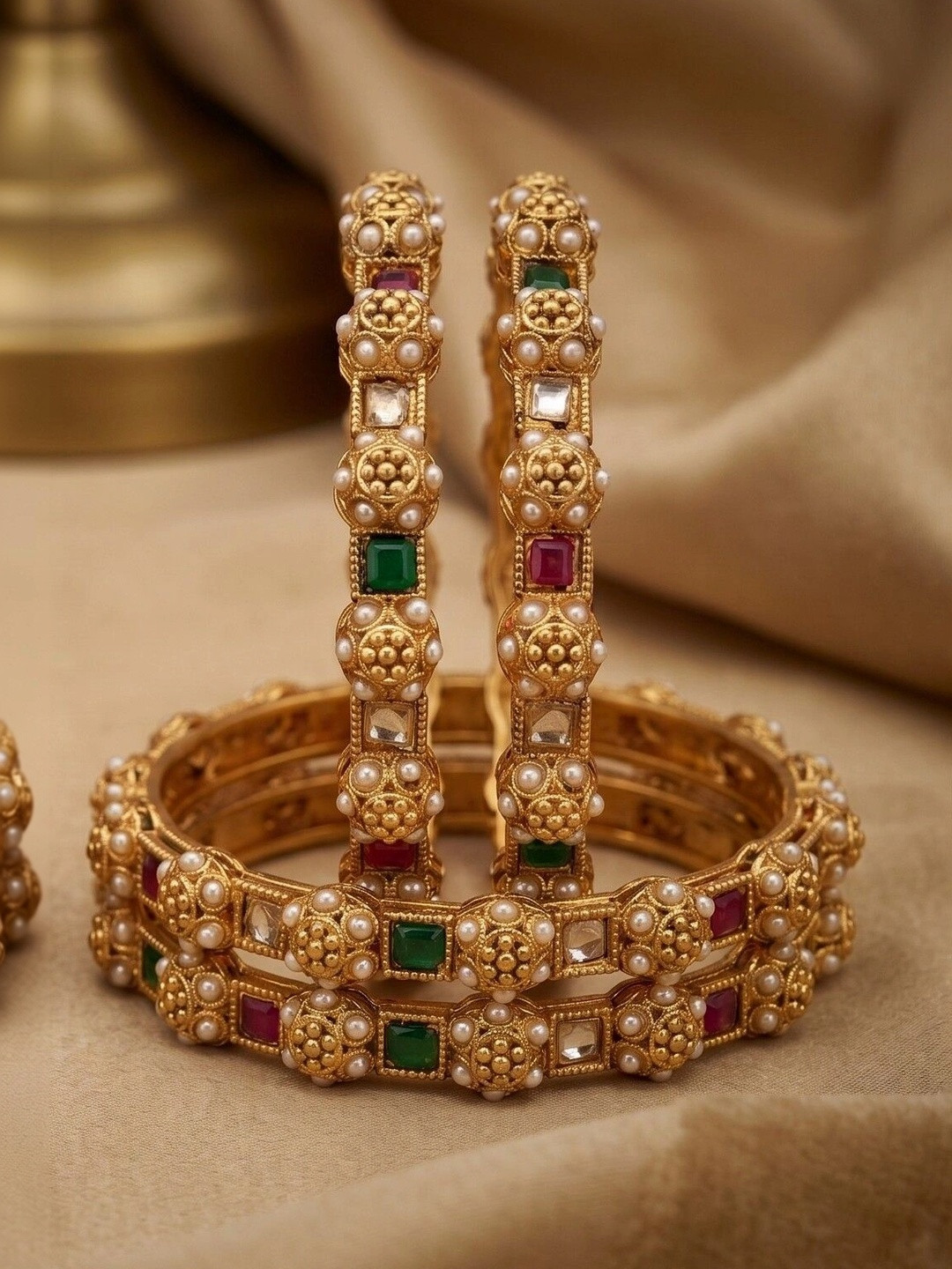 Anouk Set of 4 Gold-Plated Stone Studded & Beaded Bangles