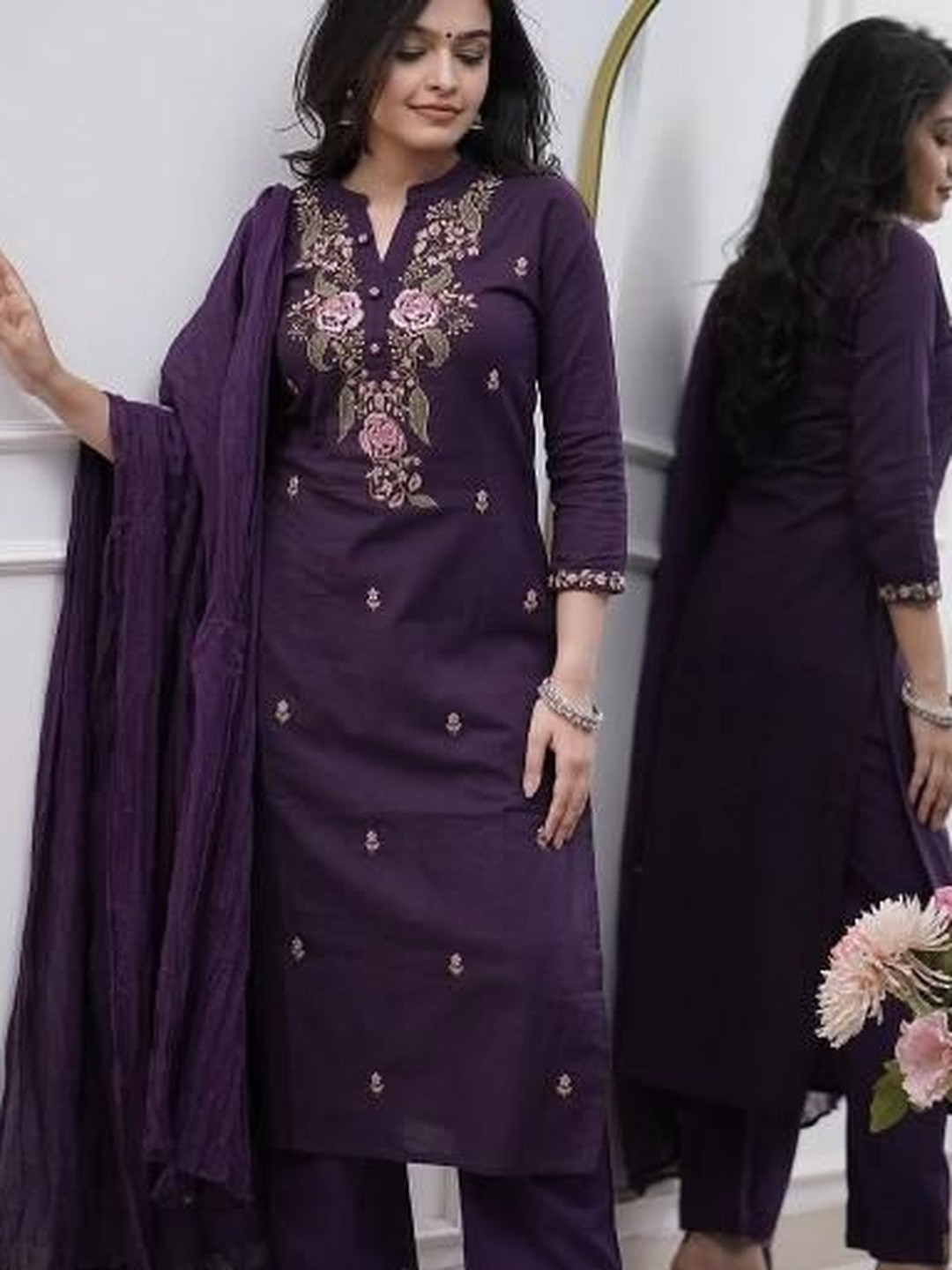 Anouk Women Floral Embroidered Regular Thread Work Pure Cotton Kurta with Trousers & With Dupatta