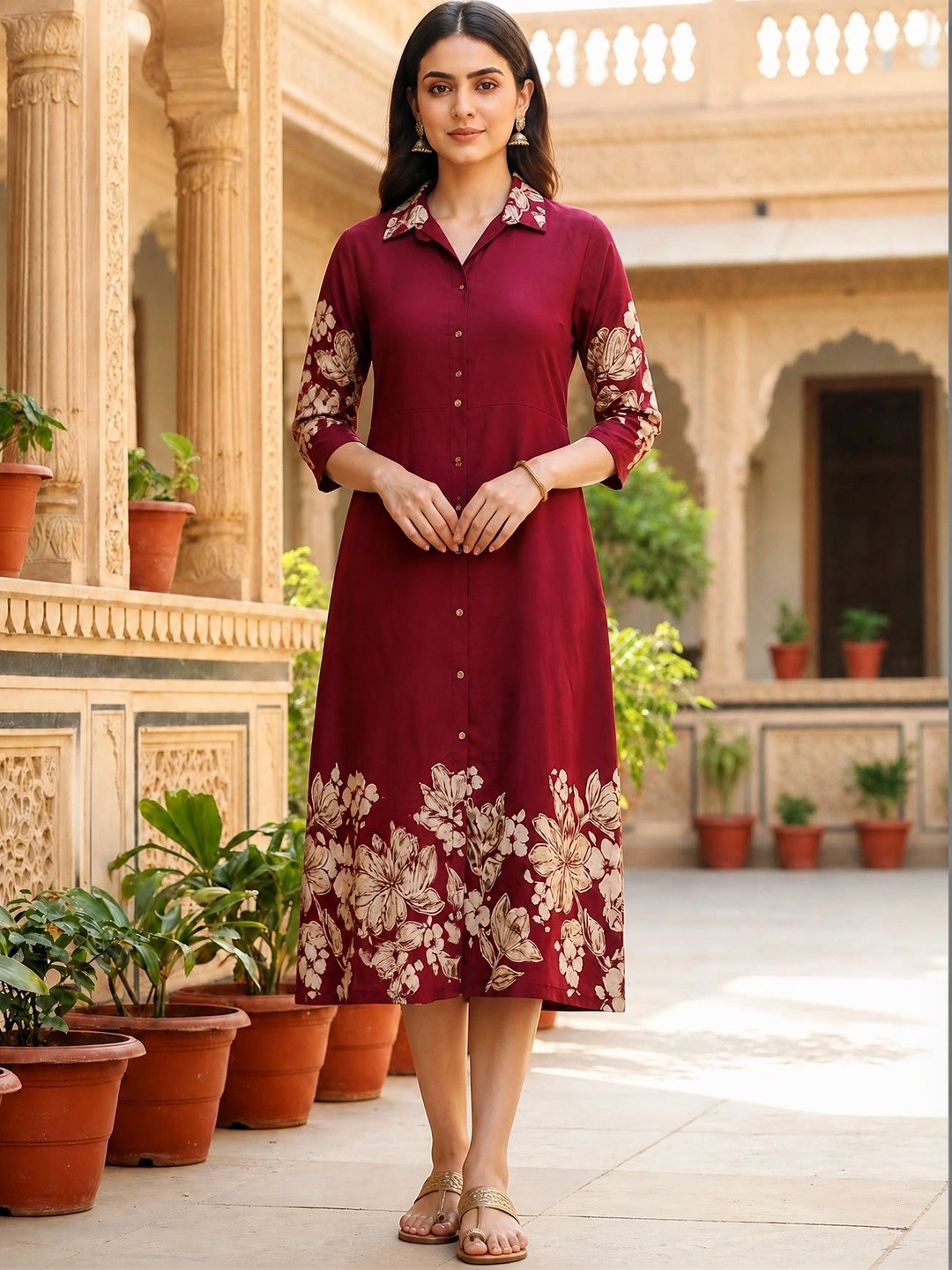 Manqsh by Claura Floral Print A-Line Midi Dress