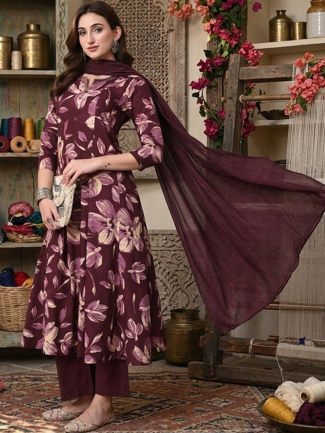 Anouk Women Floral Printed Regular Pure Cotton Kurta with Trousers & With Dupatta