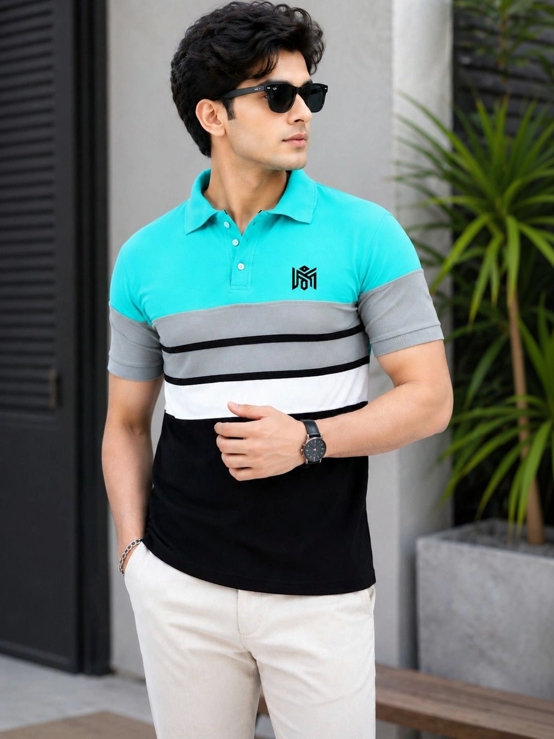 Lolark Brand Logo Colourblocked Polo Collar Cotton T-shirt