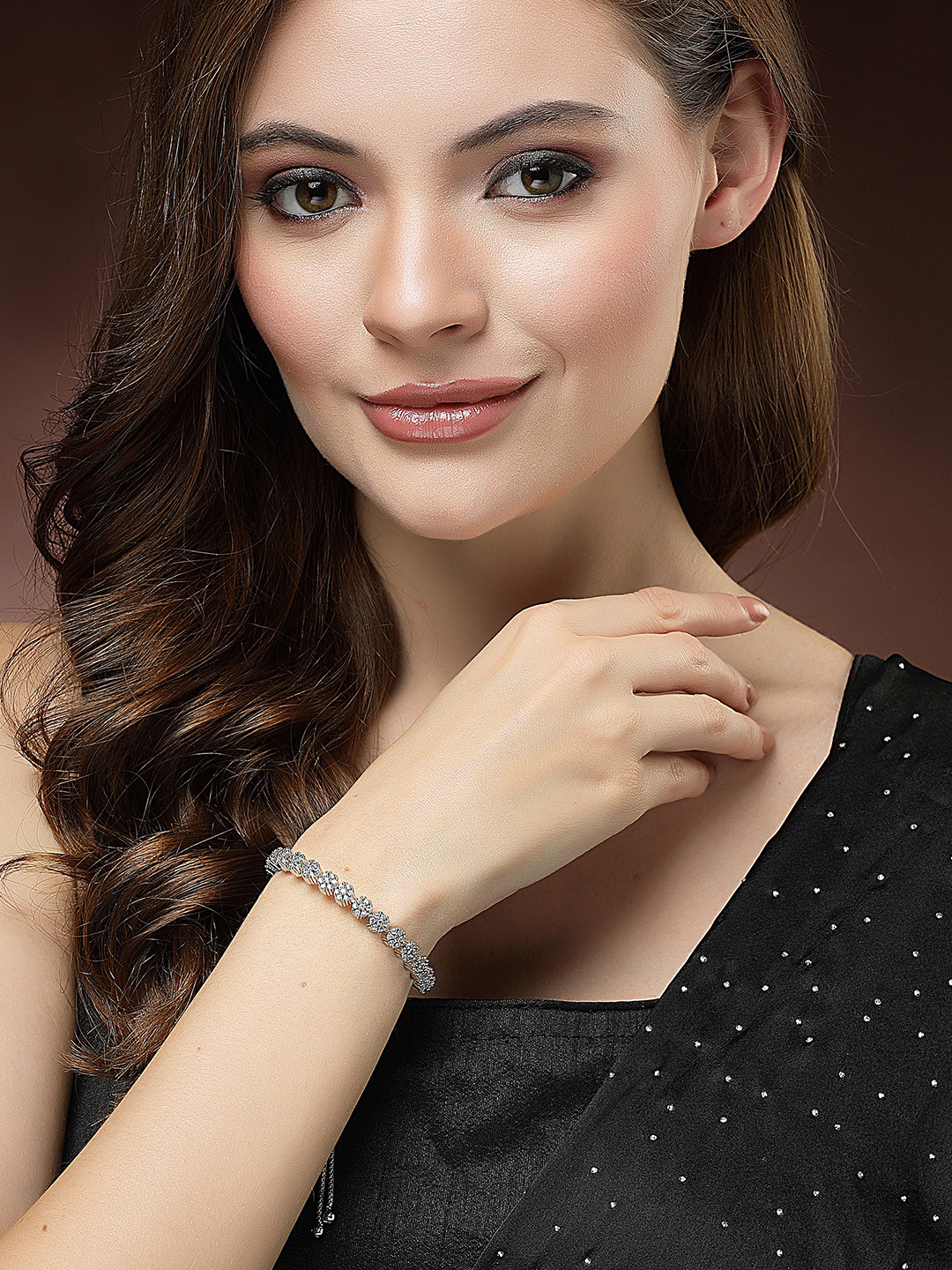 DressBerry Silver-Toned American Diamond Rhodium-Plated Link Bracelet
