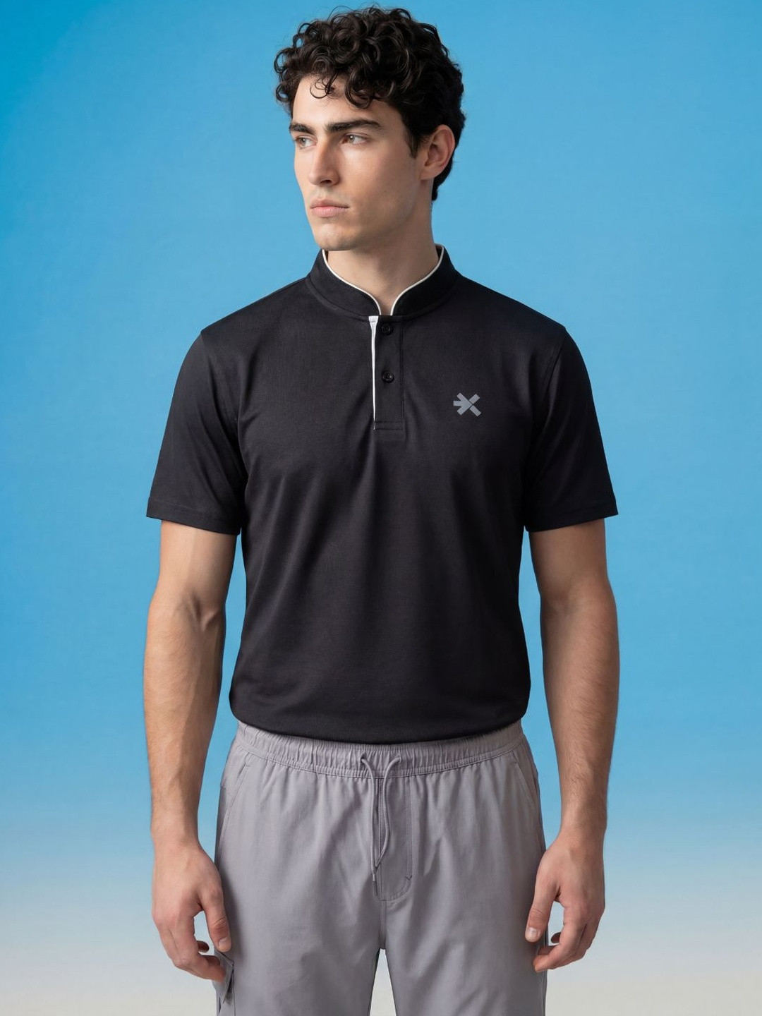 HRX by Hrithik Roshan Men Brand Logo Mandarin Collar Pockets Slim Fit T-shirt