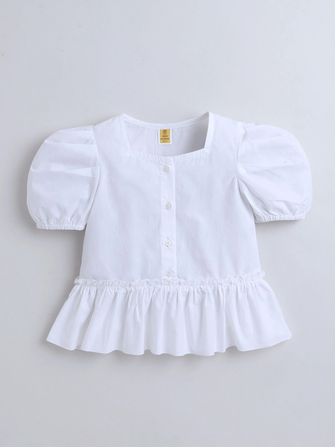 AWW HUNNIE Puff Sleeve Ruffles Cotton Blend Top
