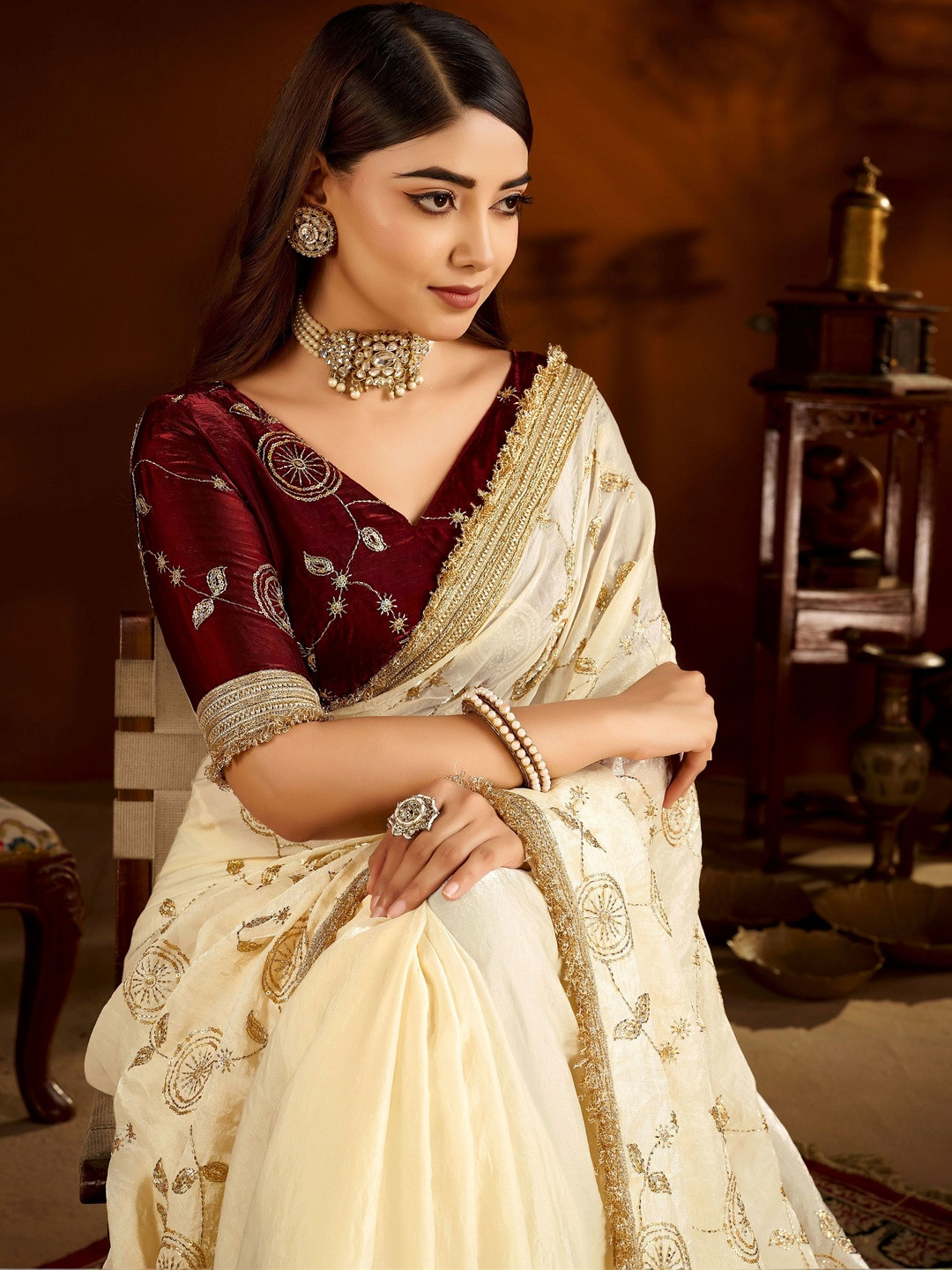 GRUHNAREE Embellished Embroidered Satin Saree