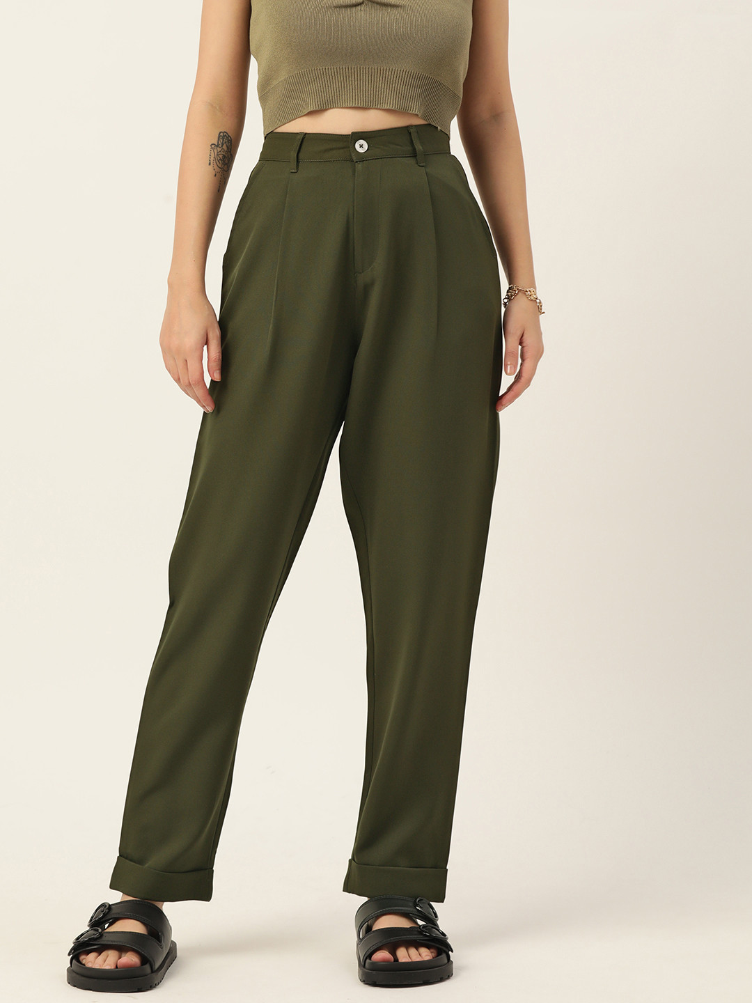 DressBerry Women Olive Green Solid Pleated Trousers