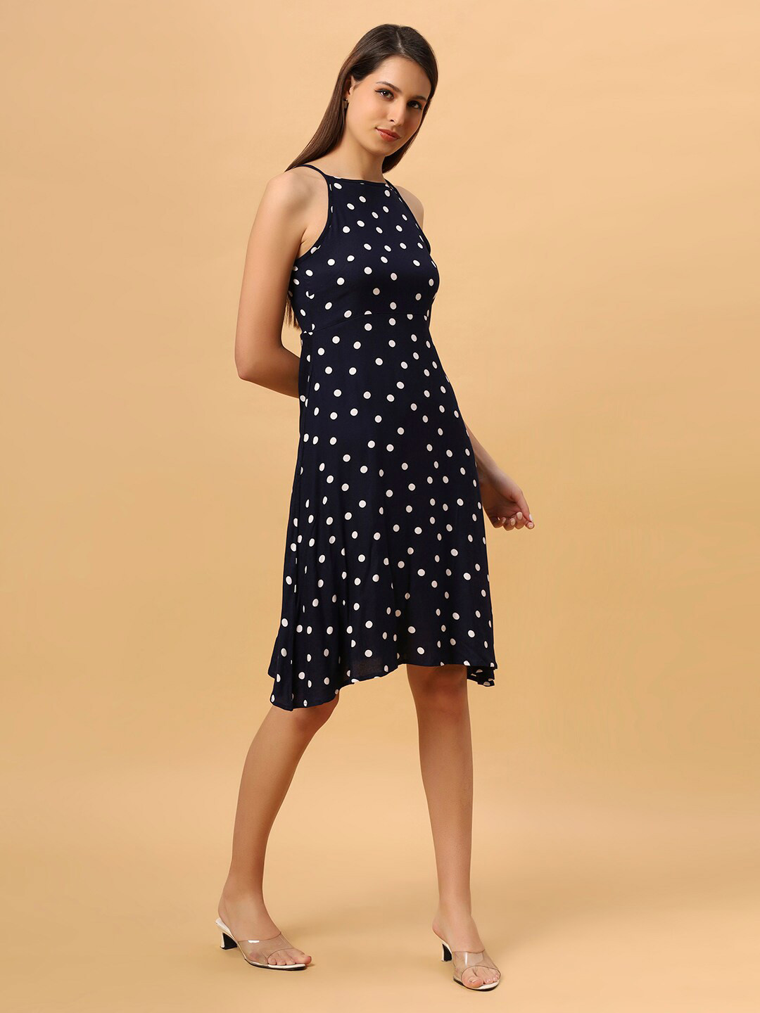 DressBerry Navy Blue Polka Dot Printed A-Line Knee Length Dress