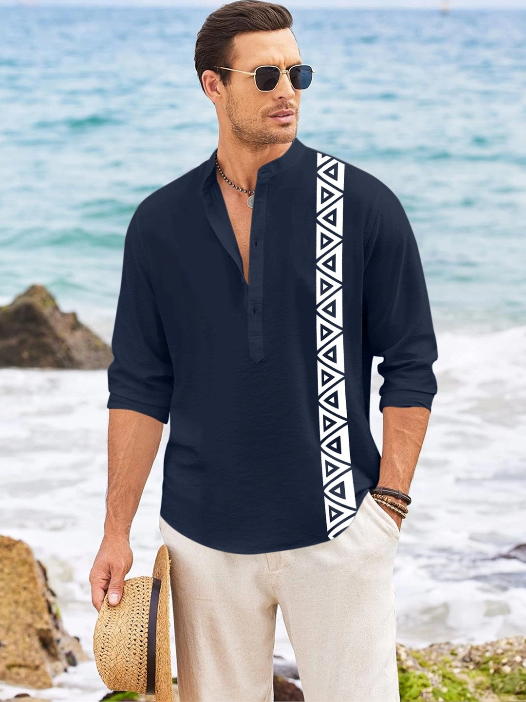 FINIVO FASHION Geometric Printed Band Collar Long Sleeves Cotton Regular Fit Shirt