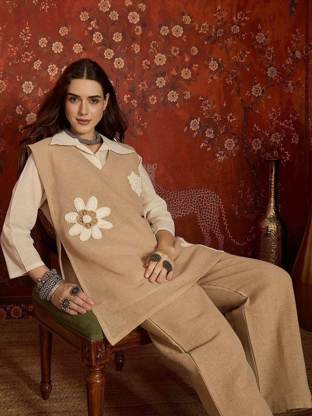 Sangria Embellished Shirt with Trousers & Jacket