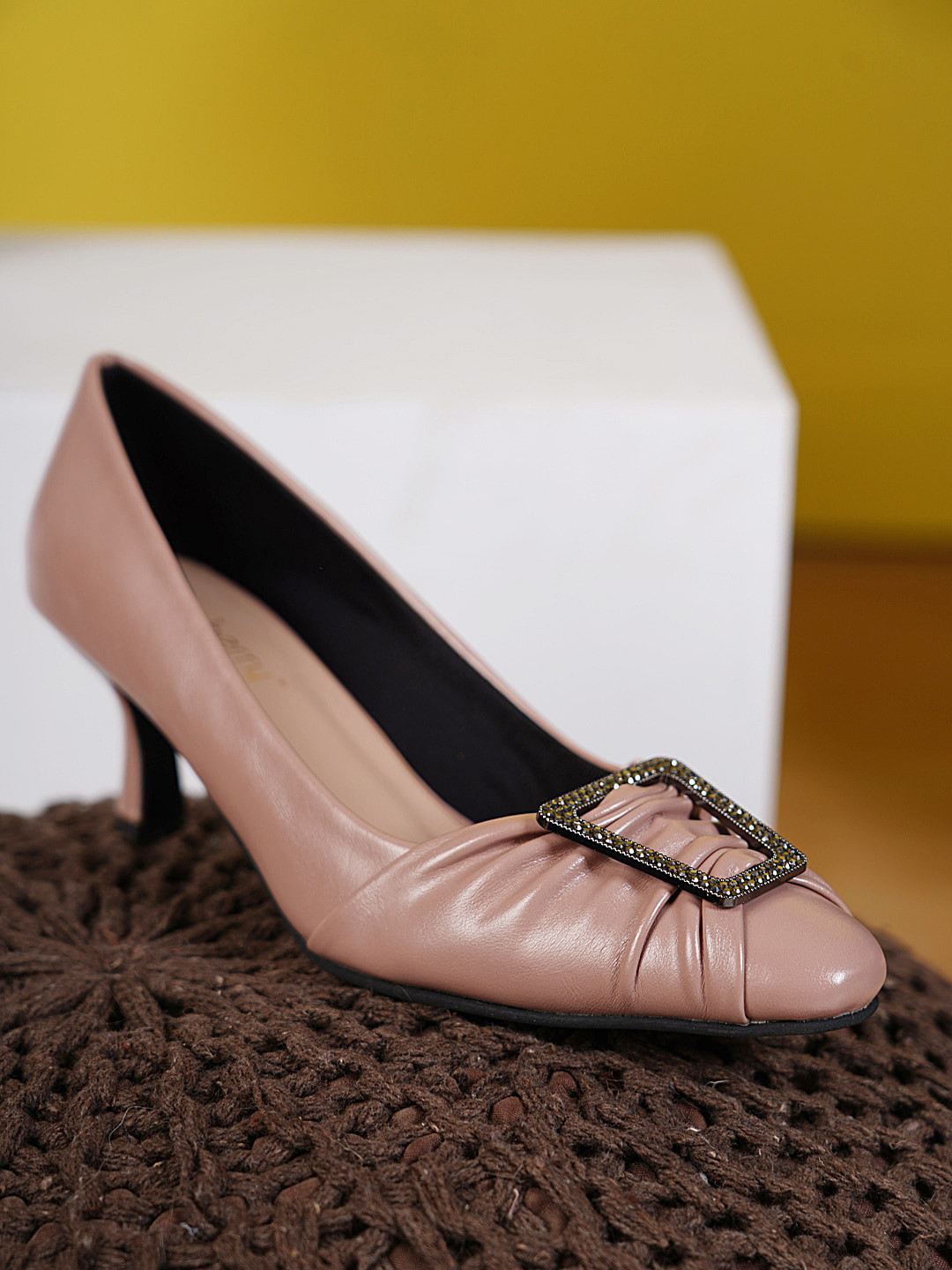 DressBerry Nude-Coloured Embellished Velvet Kitten Pumps Heels