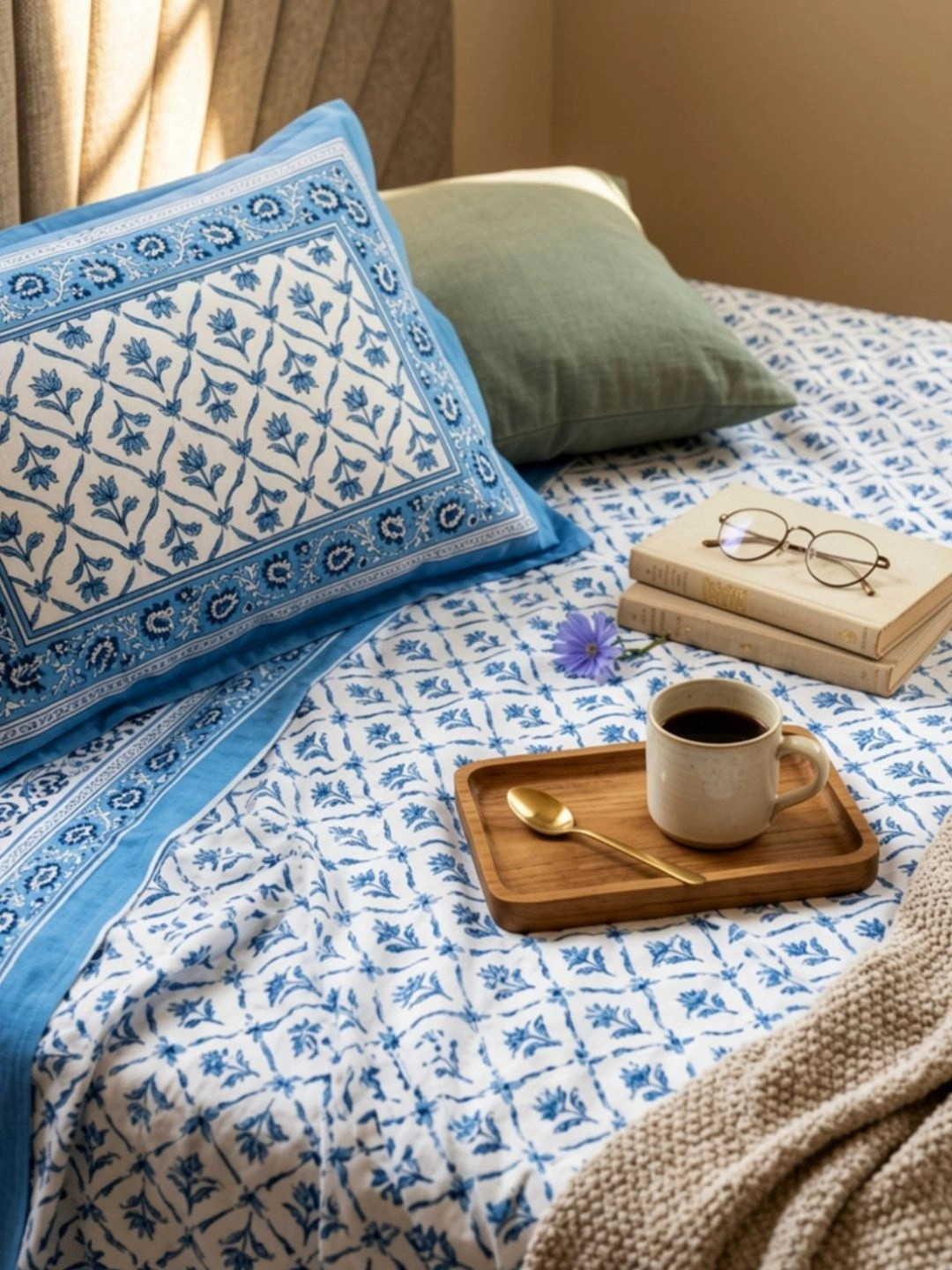 Naksh Blue & White Floral 180 TC Queen Bedsheet with 2 Pillow Covers