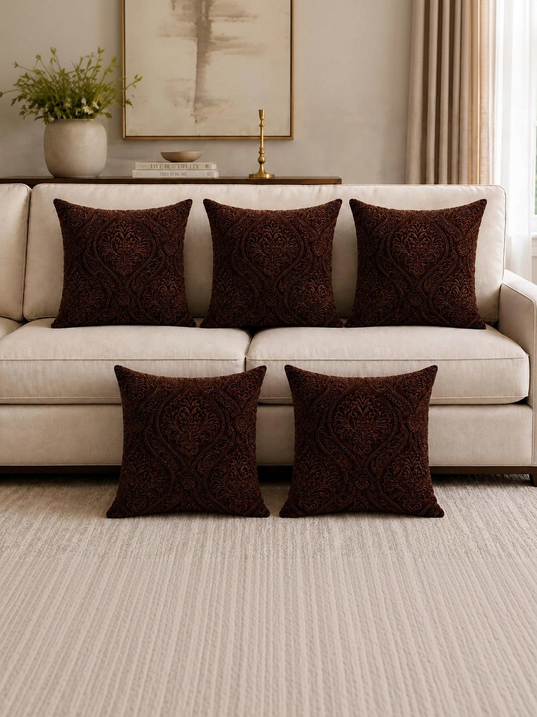 YUKANY Brown Set of 5 Velvet Blend Square Cushion Covers