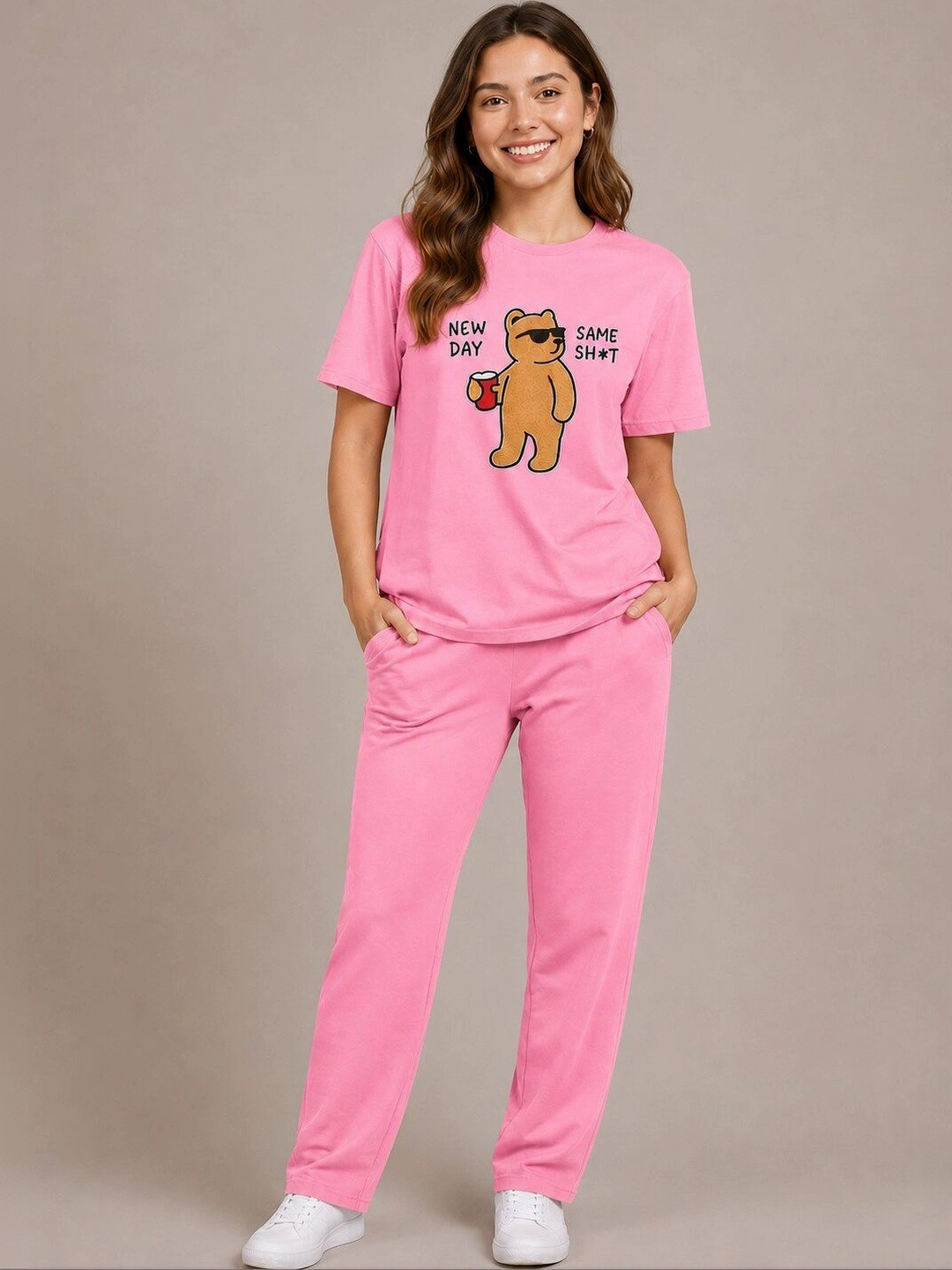 ELVIA Graphic Printed Round Neck Short Sleeves Pure Cotton Night suits
