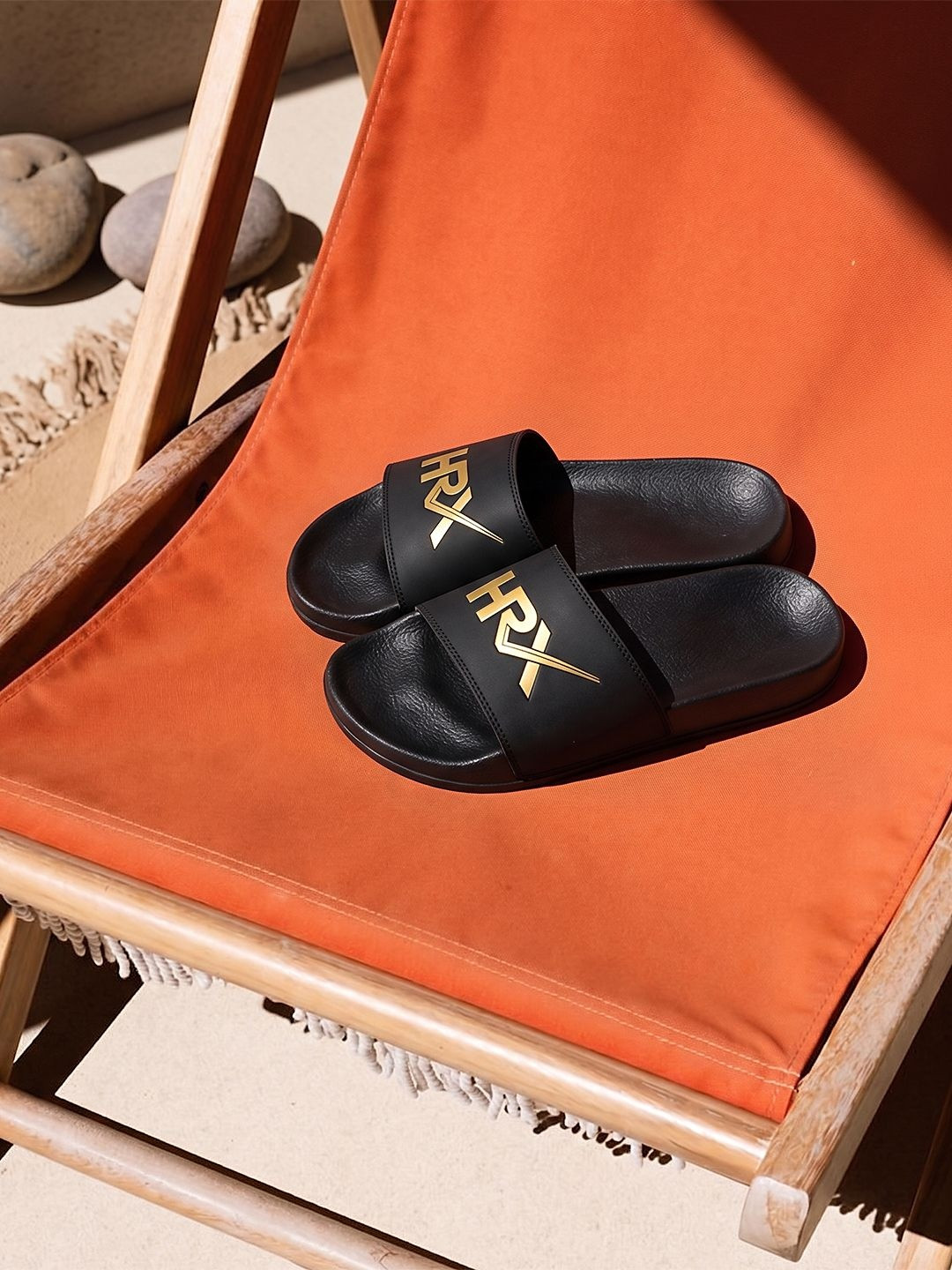 HRX by Hrithik Roshan Women Black & Gold-Toned Printed Sliders