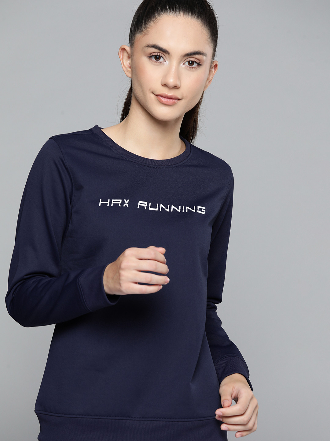 HRX by Hrithik Roshan Women Navy Blue Printed Anti-microbial Finish Running Sweatshirt