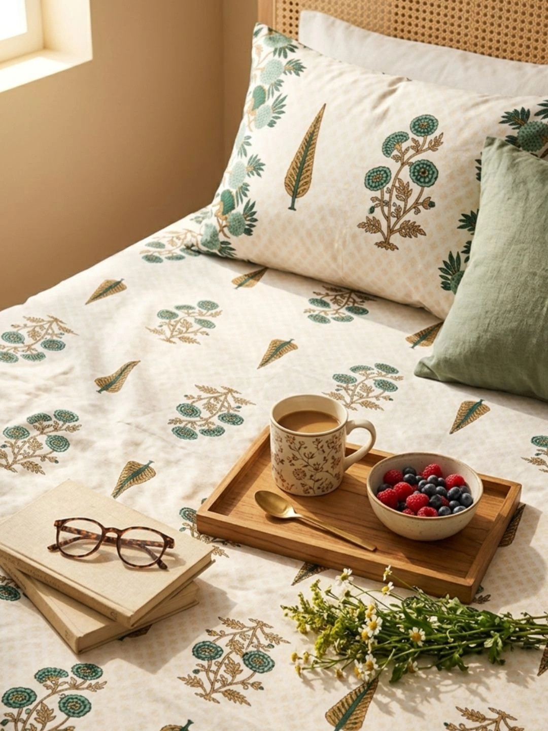 Naksh Cream-Coloured Floral 210 TC King Bedsheet with 2 Pillow Covers