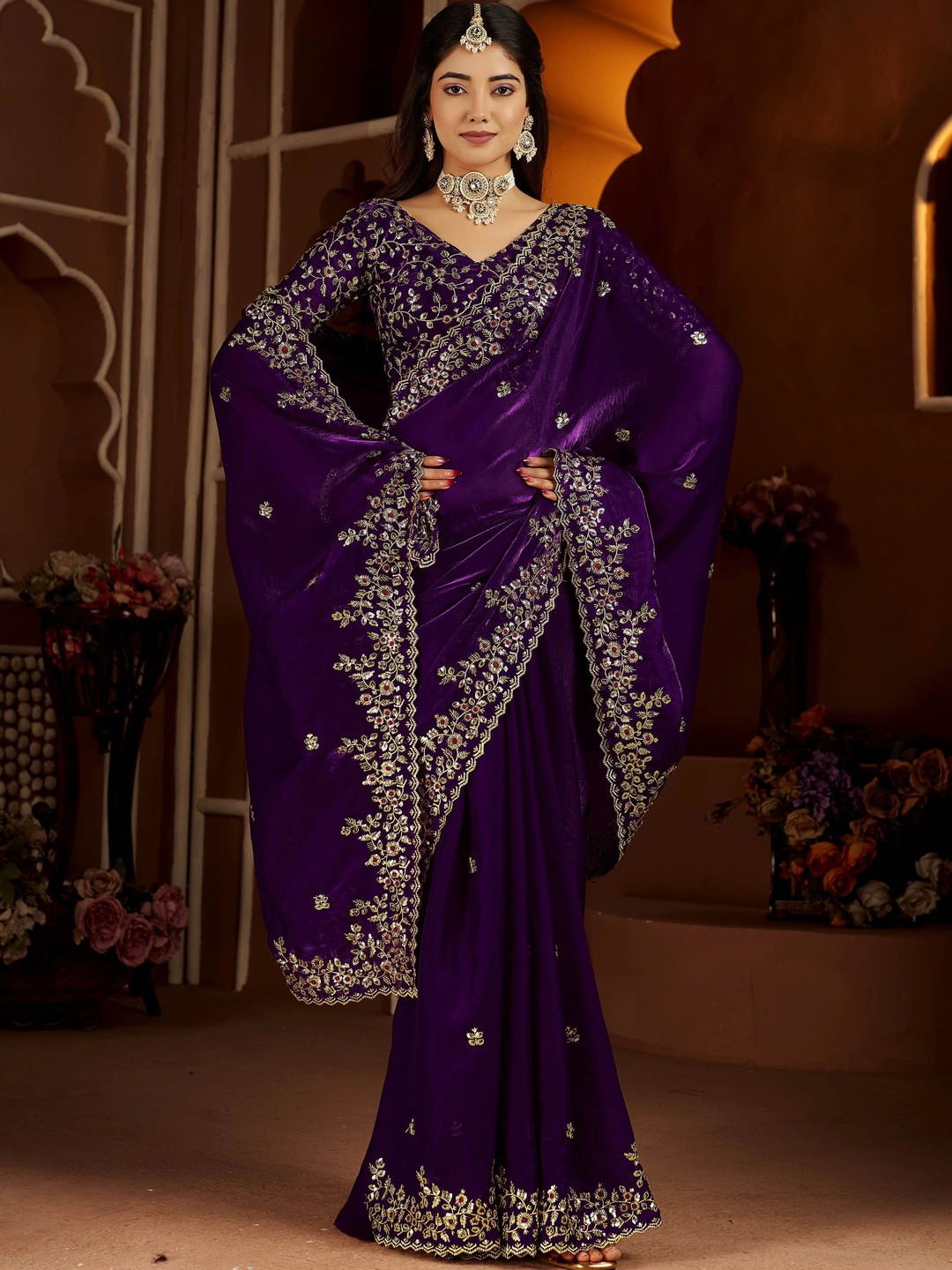 GRUHNAREE Embellished Embroidered Satin Saree