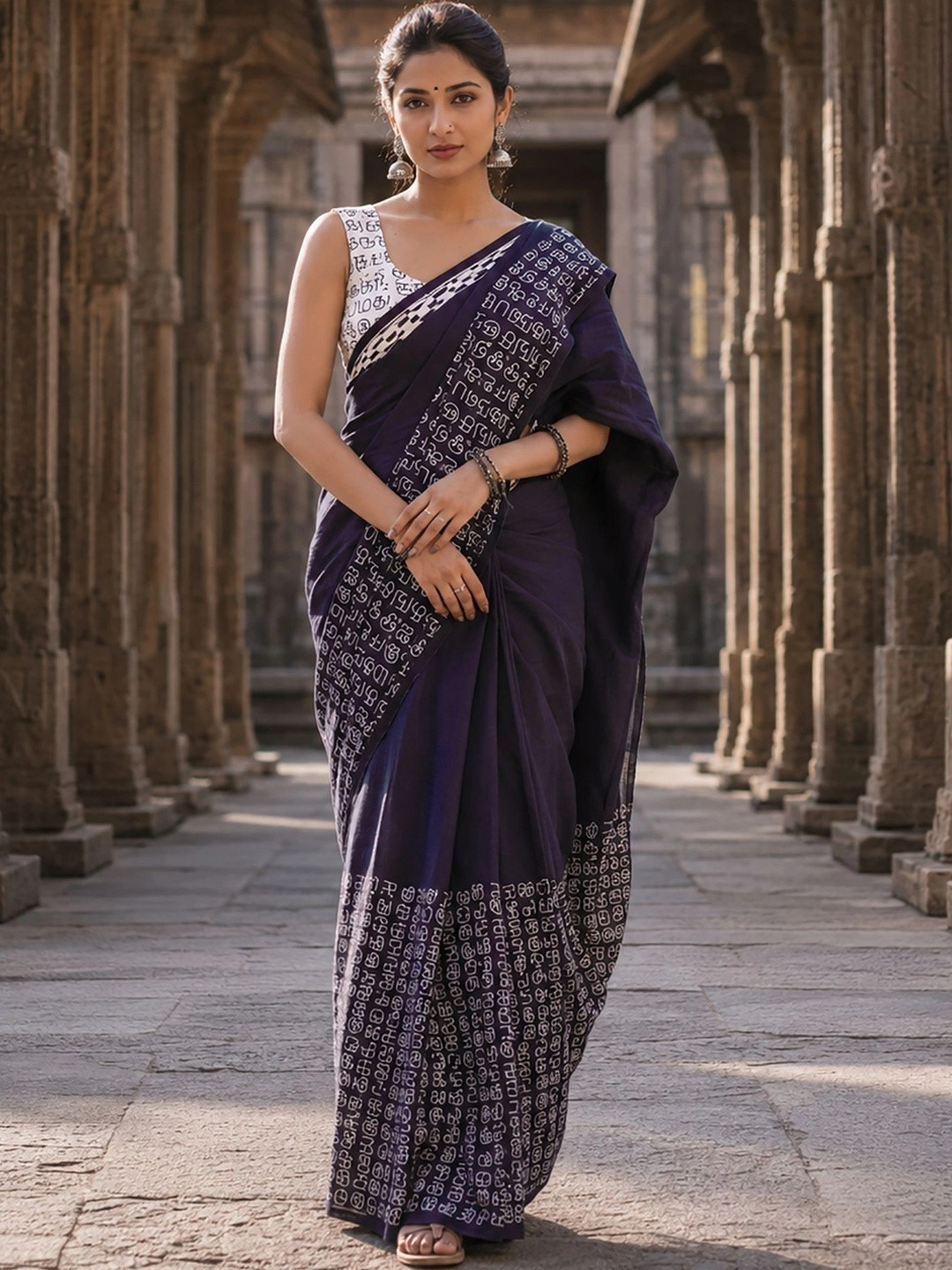 Mitera Printed Linen Blend Block Print Saree