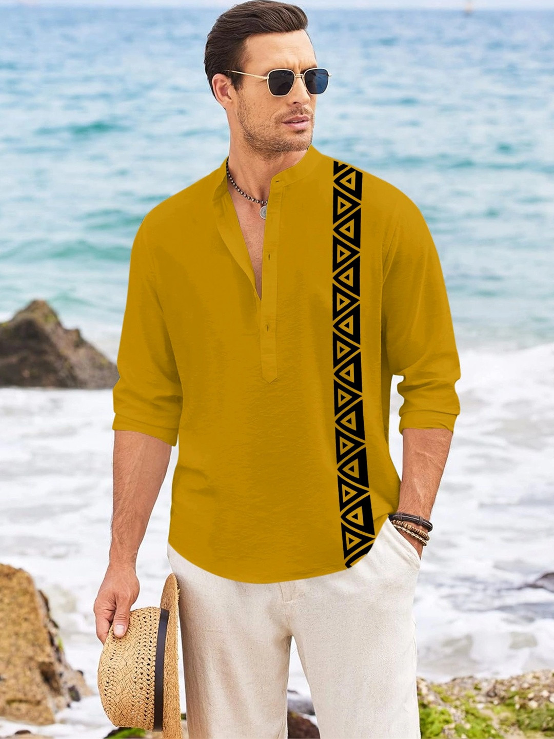 FINIVO FASHION Geometric Printed Band Collar Long Sleeves Cotton Regular Fit Shirt