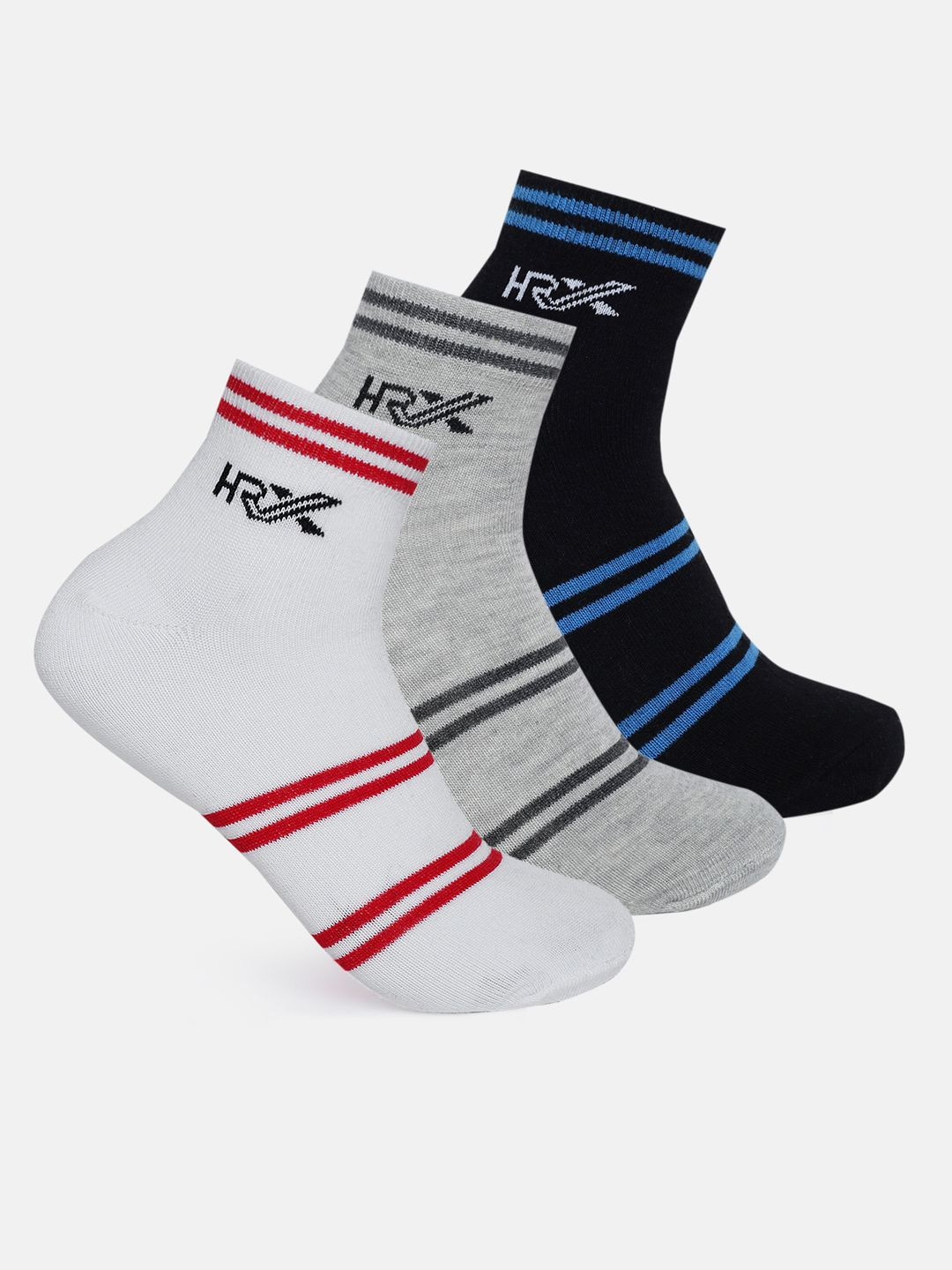 HRX by Hrithik Roshan Men Pack Of 3 Cotton Striped Ankle-Length Socks